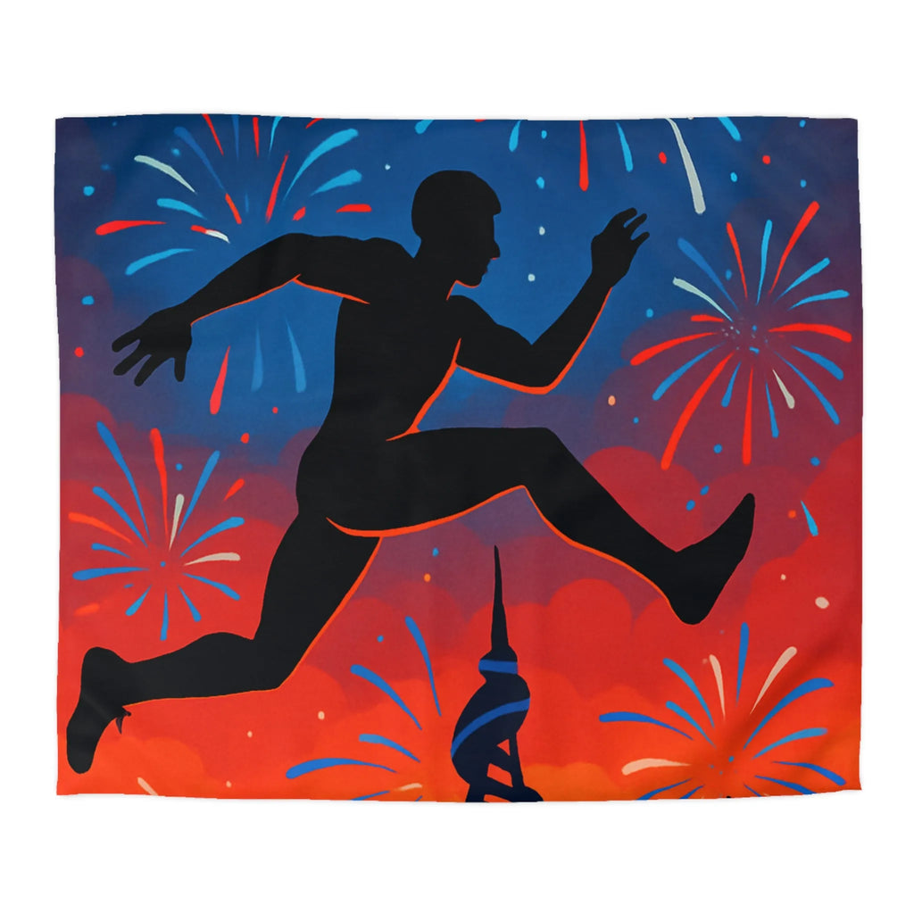 Housse de couette avec silhouette sportive et feux d'artifice, ambiance nocturne colorée