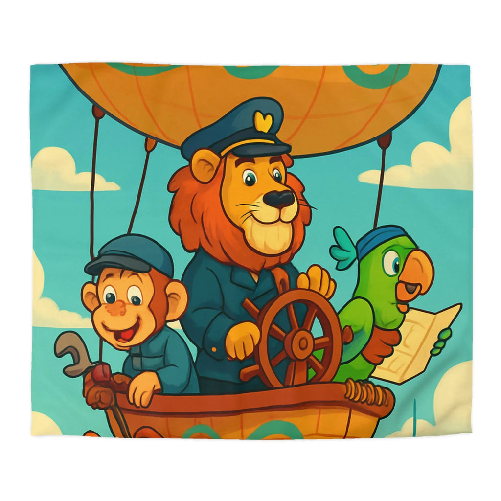 Housse de couette enfant avec montgolfière lion, singe, perroquet colorée et joyeuse