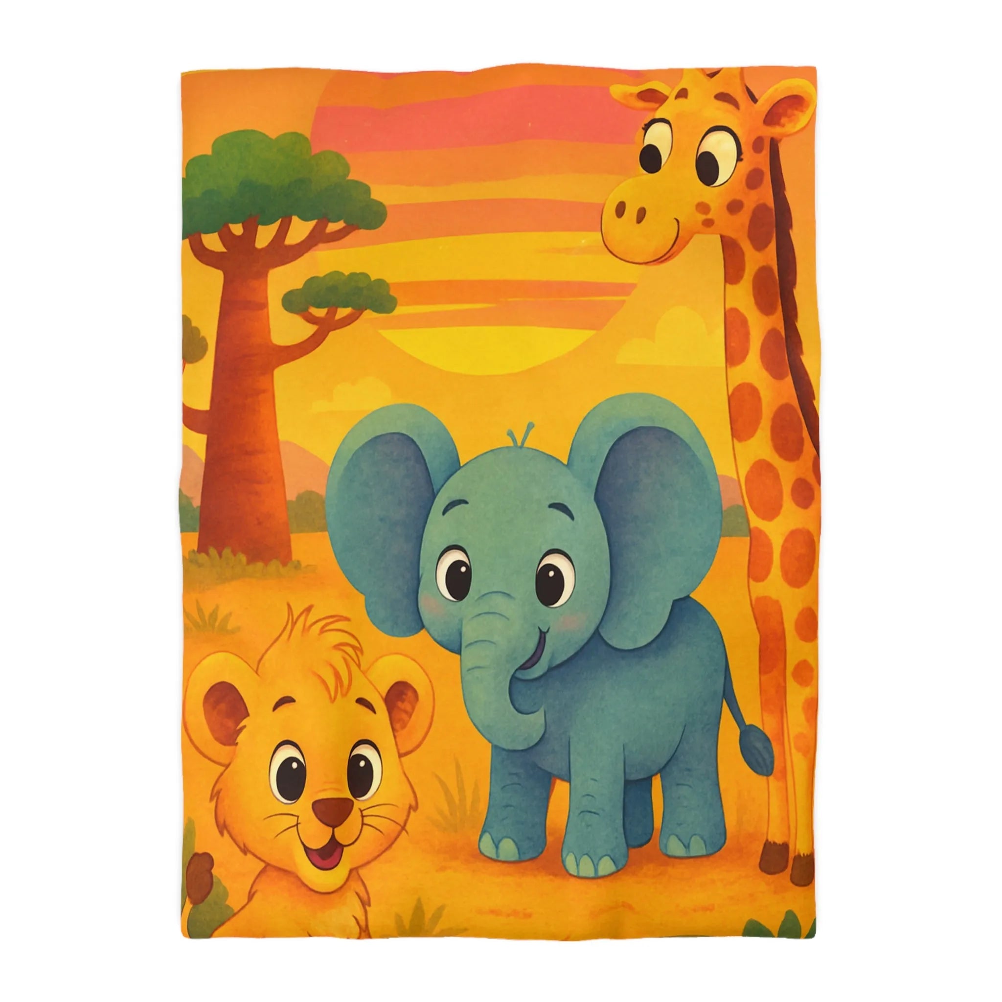 Housse de couette enfants safari animaliers avec lion, éléphant et girafe rigolos