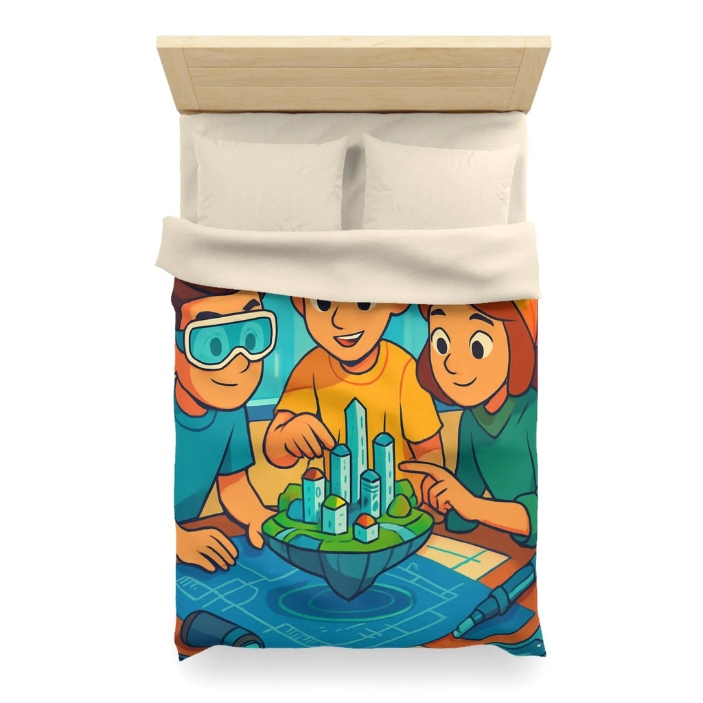 Housse de couette avec design futuriste ludique, enfants explorant une ville miniature colorée