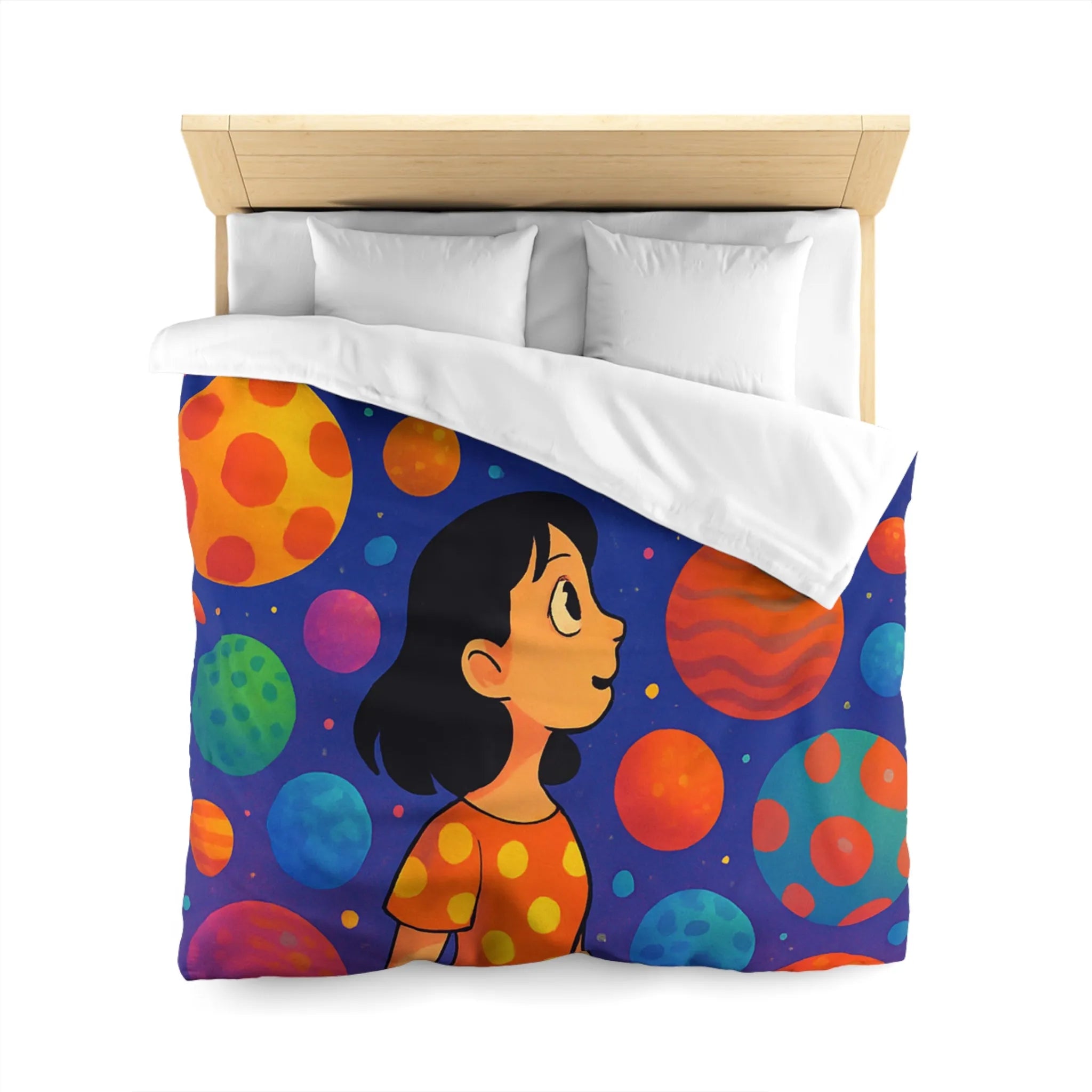 Housse de couette colorée avec motif de planètes et enfant rêveur dans l'espace
