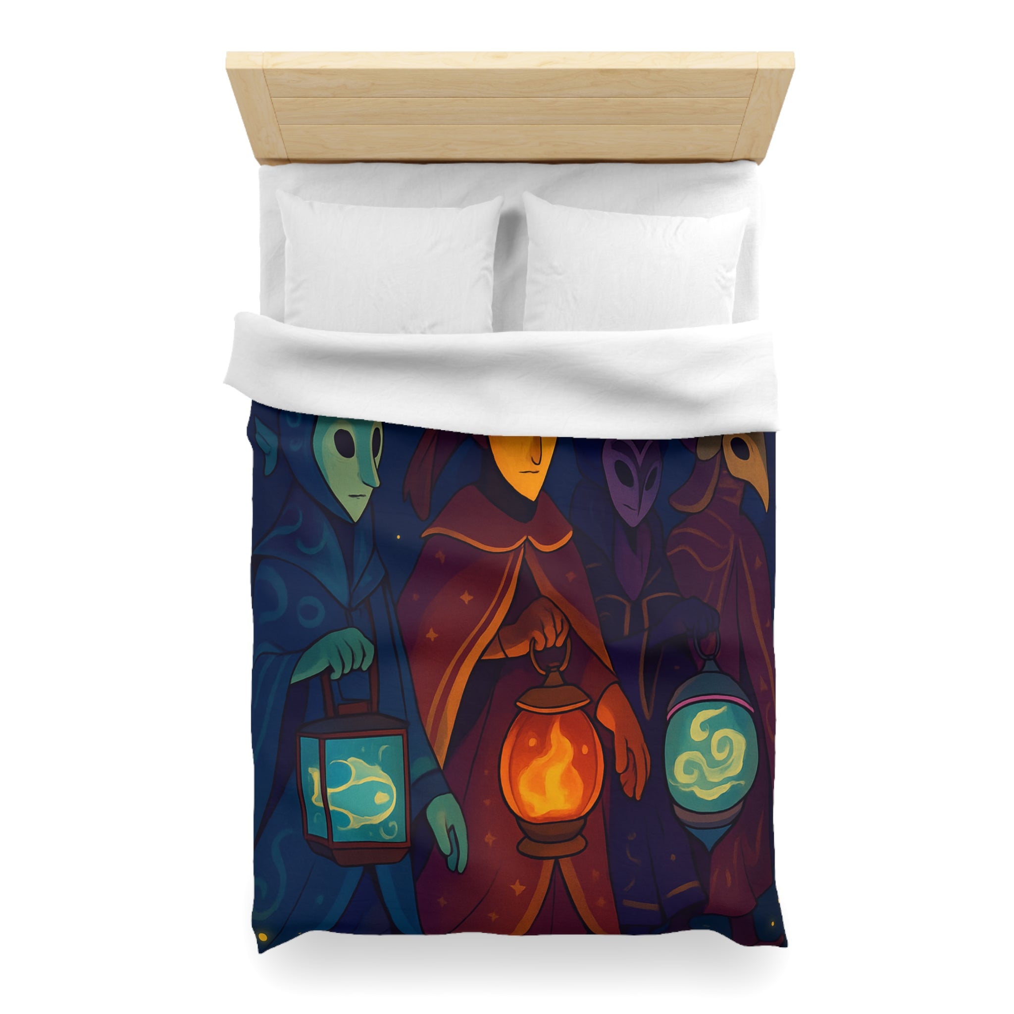 Housse de couette mystérieuse avec personnages masqués et lanternes en forêt étoilée