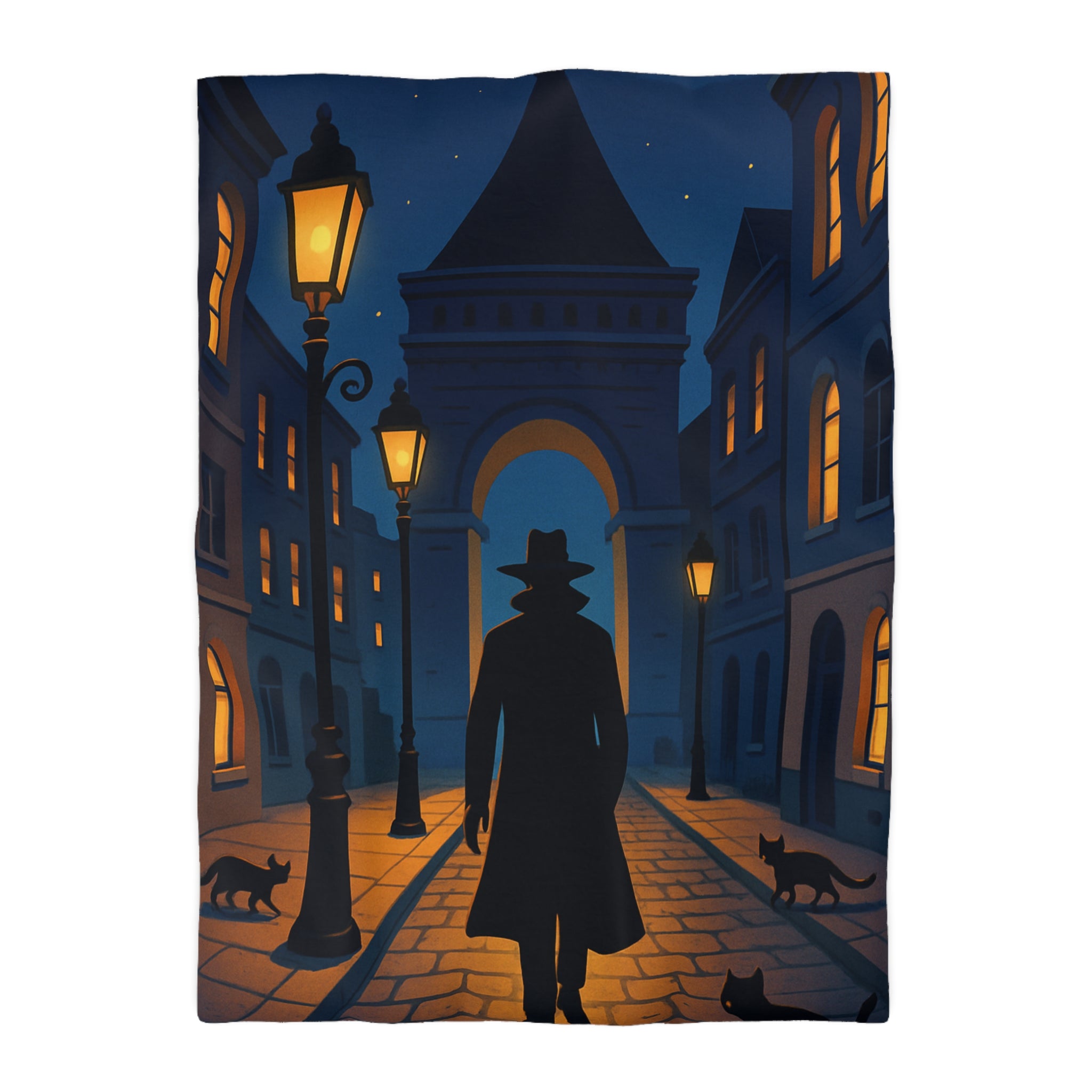 Housse de couette noire mystérieuse, silhouette d'homme avec chats et lampadaires nocturnes