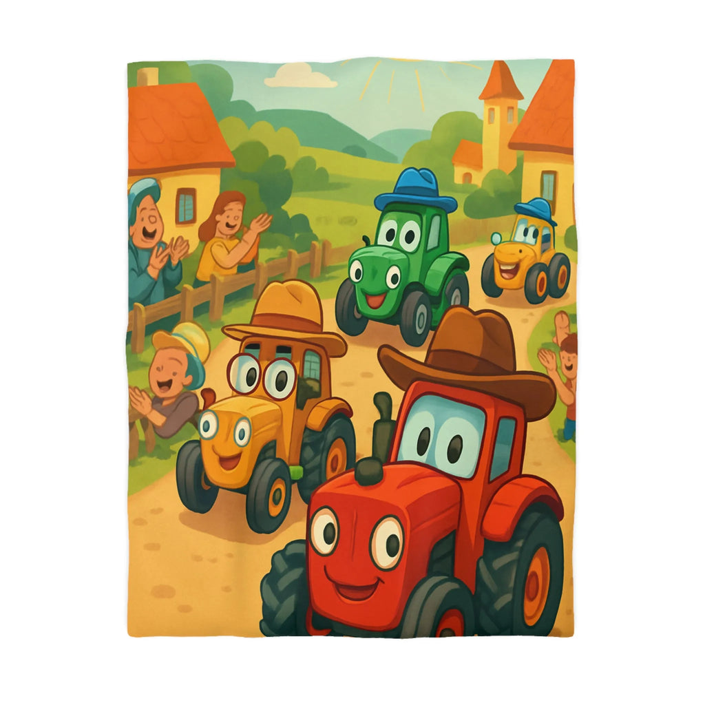 Housse de Couette Enfants Motif Tracteurs Souriants Champs Paysans Ensoleillés et Amusants