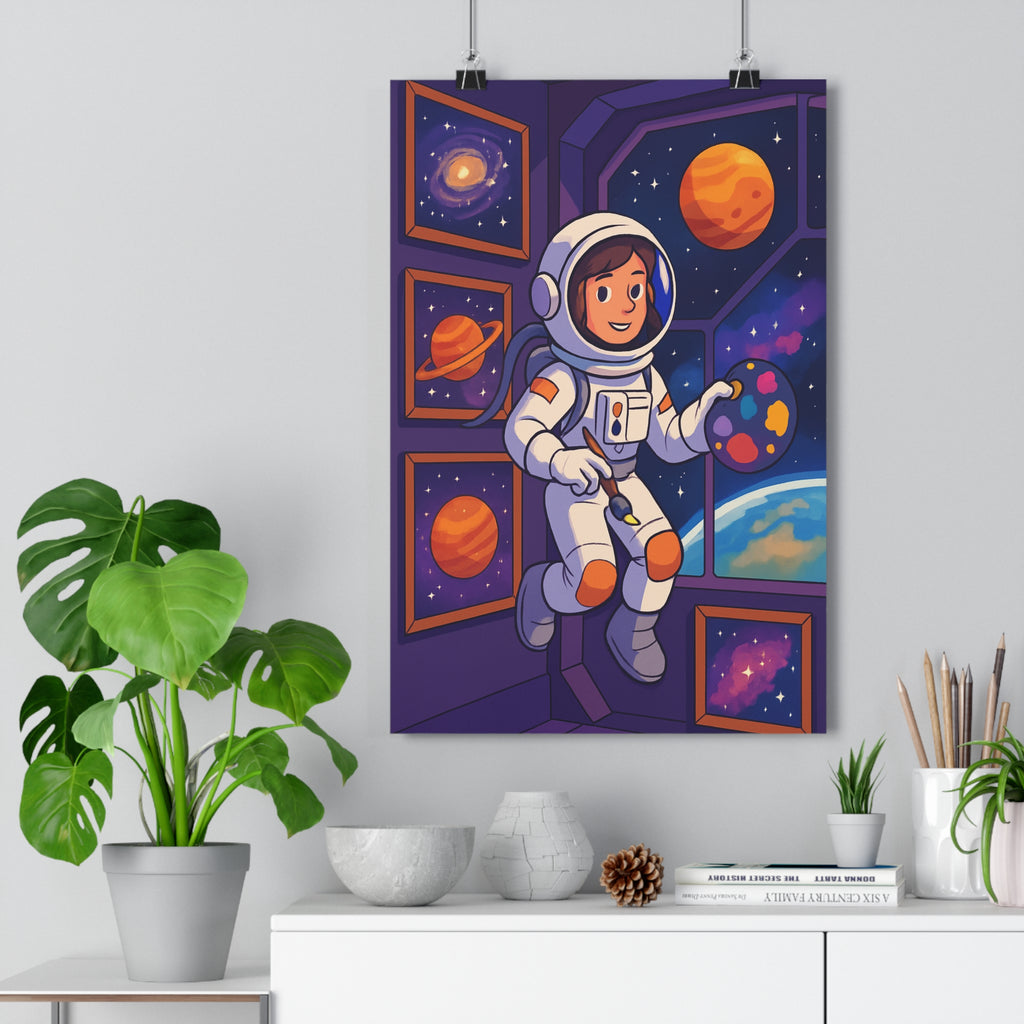 Poster décoratif astronaute flottant coloré animé cosmos joyeux chambre enfant moderne galaxie créativité tableau