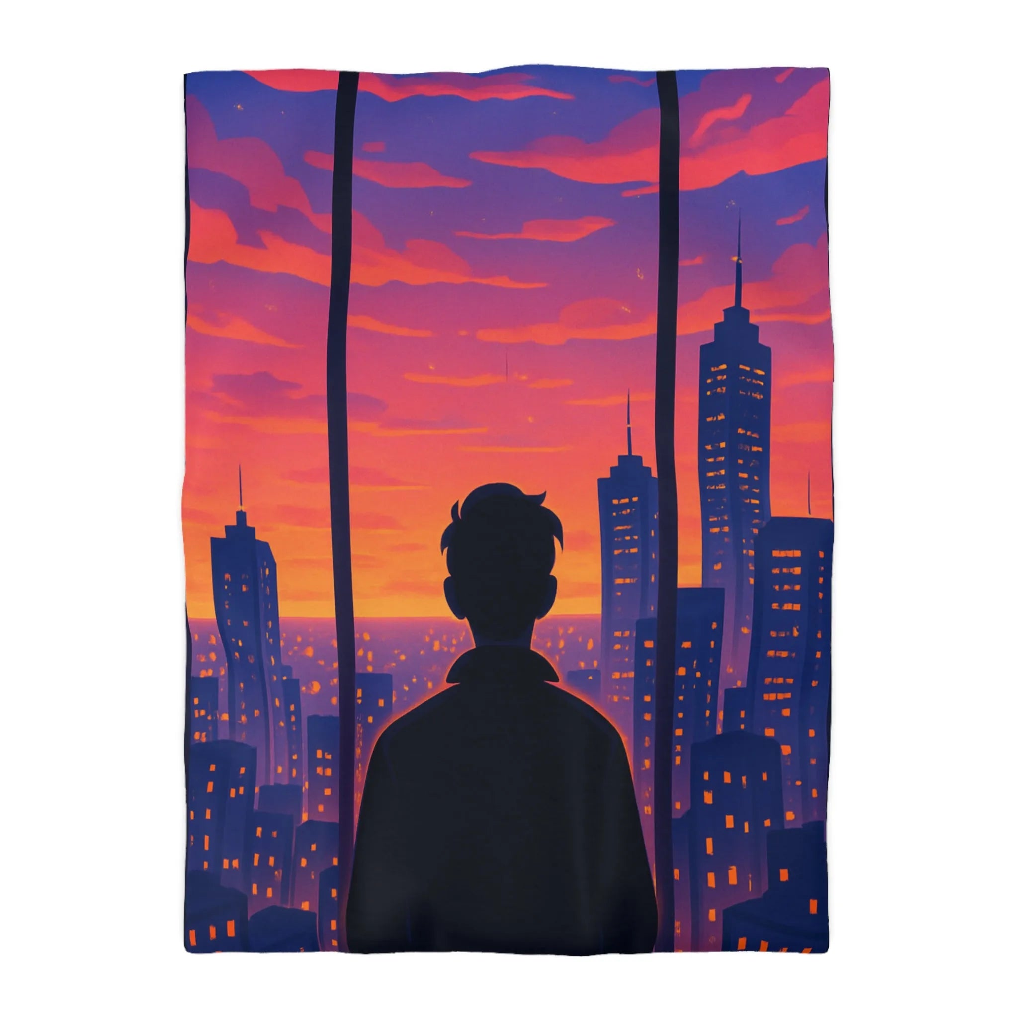 Housse de Couette Colorée avec Silhouette de Personne Devant Ville au Crépuscule