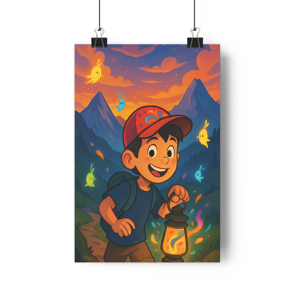 Poster décoratif cartoon joyeux enfant lumière jaune orange magique montagne créature chambre coucher soleil
