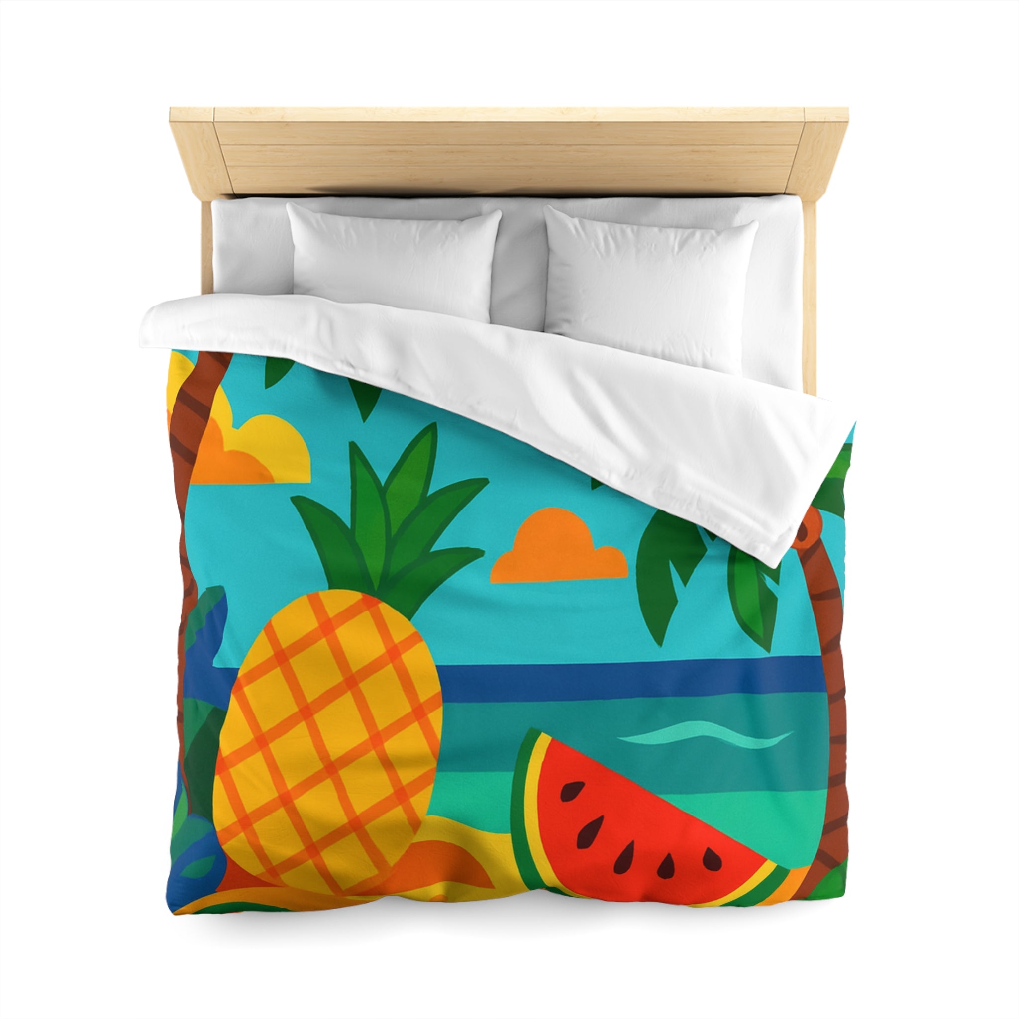 Housse de couette tropicale colorée avec fruits exotiques et oiseaux vibrants sur la plage