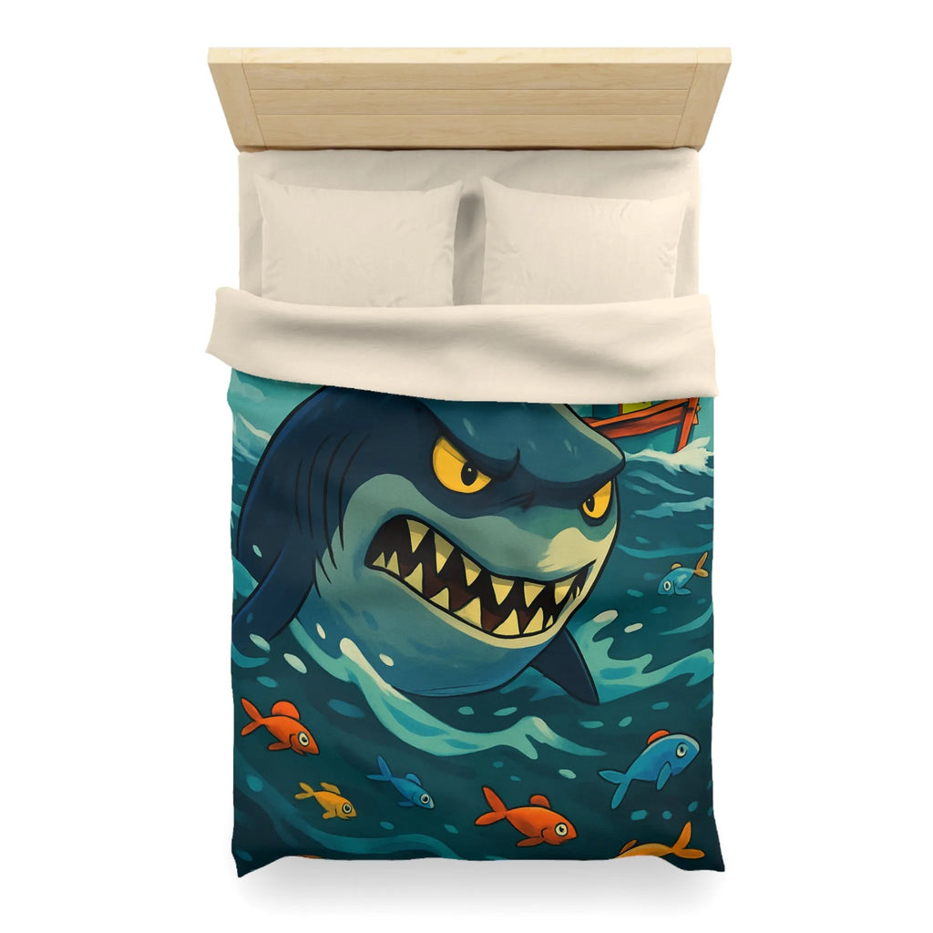 Housse de couette avec requin cartoon effrayant et poissons colorés en mer orageuse