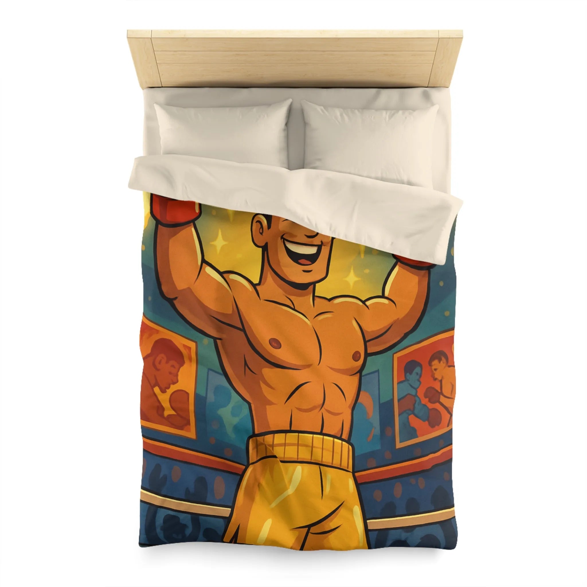 Housse de couette boxer animé gagnant, ambiance rétro colorée pour chambre sportive