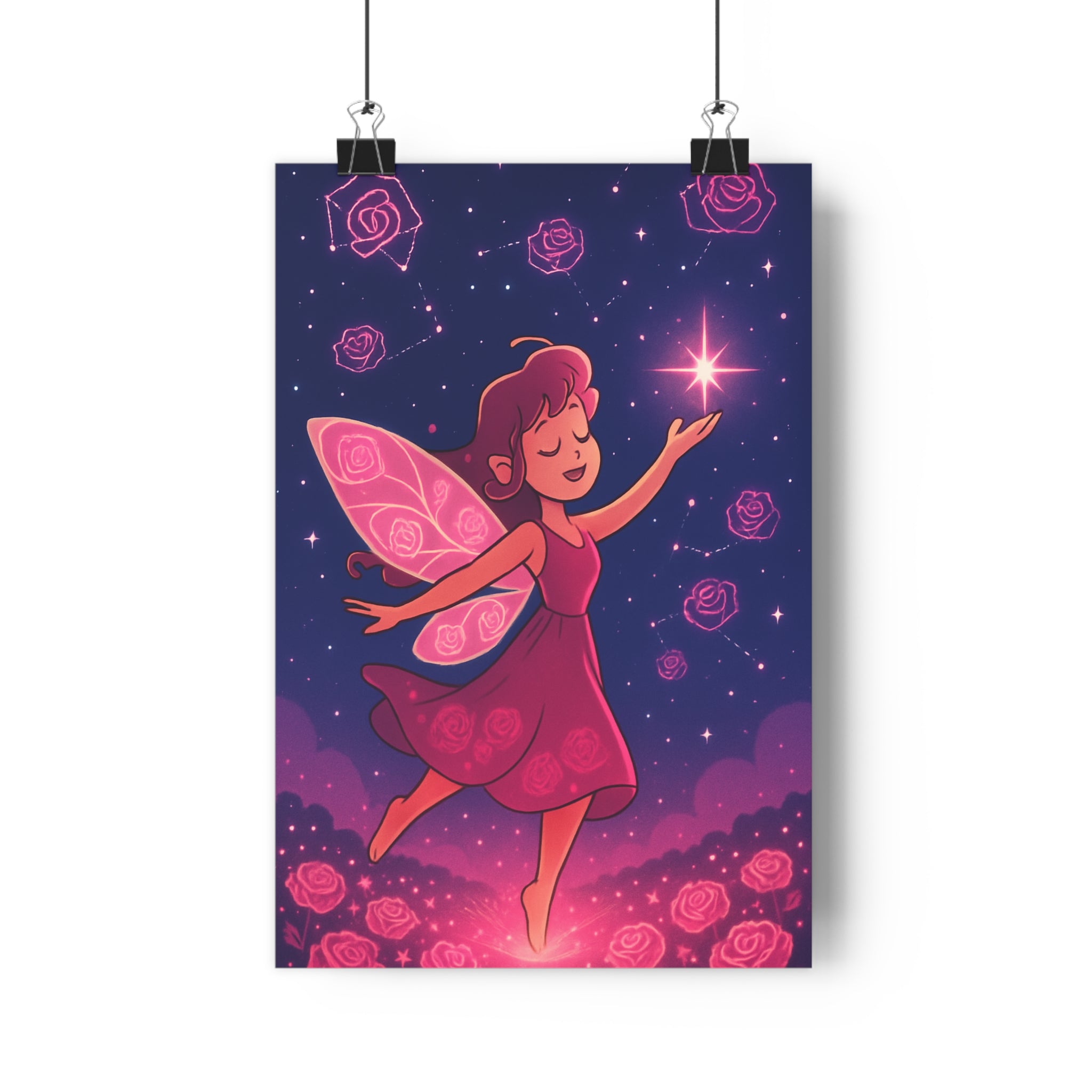 Poster décoratif féerique fée étoiles roses bleu rose chambre enfant magique rêve apaisant élégant