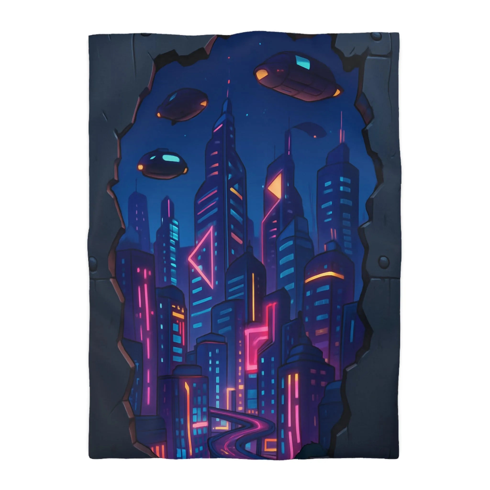 Housse de couette futuriste avec ville néon et vaisseaux spatiaux illuminés