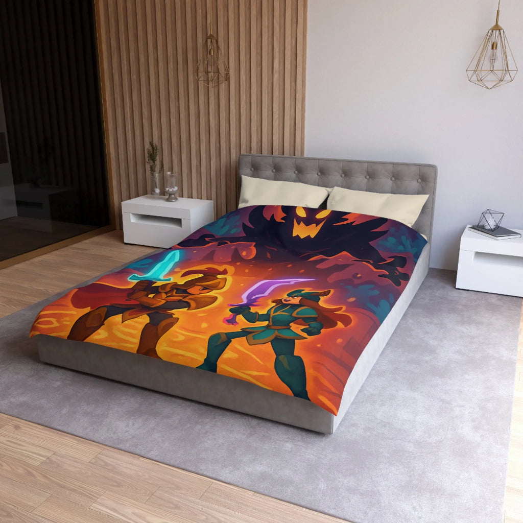 Housse de couette avec illustration fantasy de chevaliers affrontant ombre menaçante au théâtre