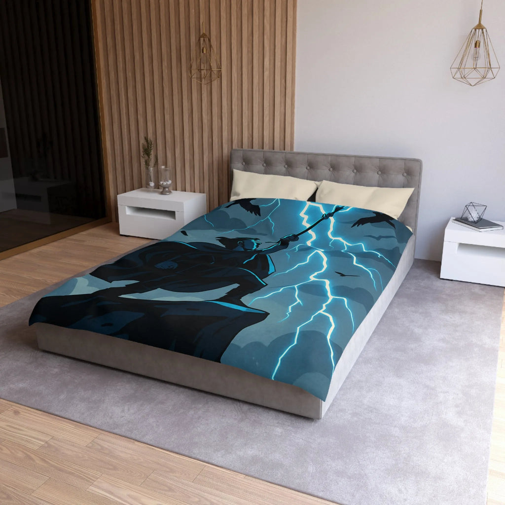 Housse de couette épique avec personnage et éclairs en style illustration fantastique