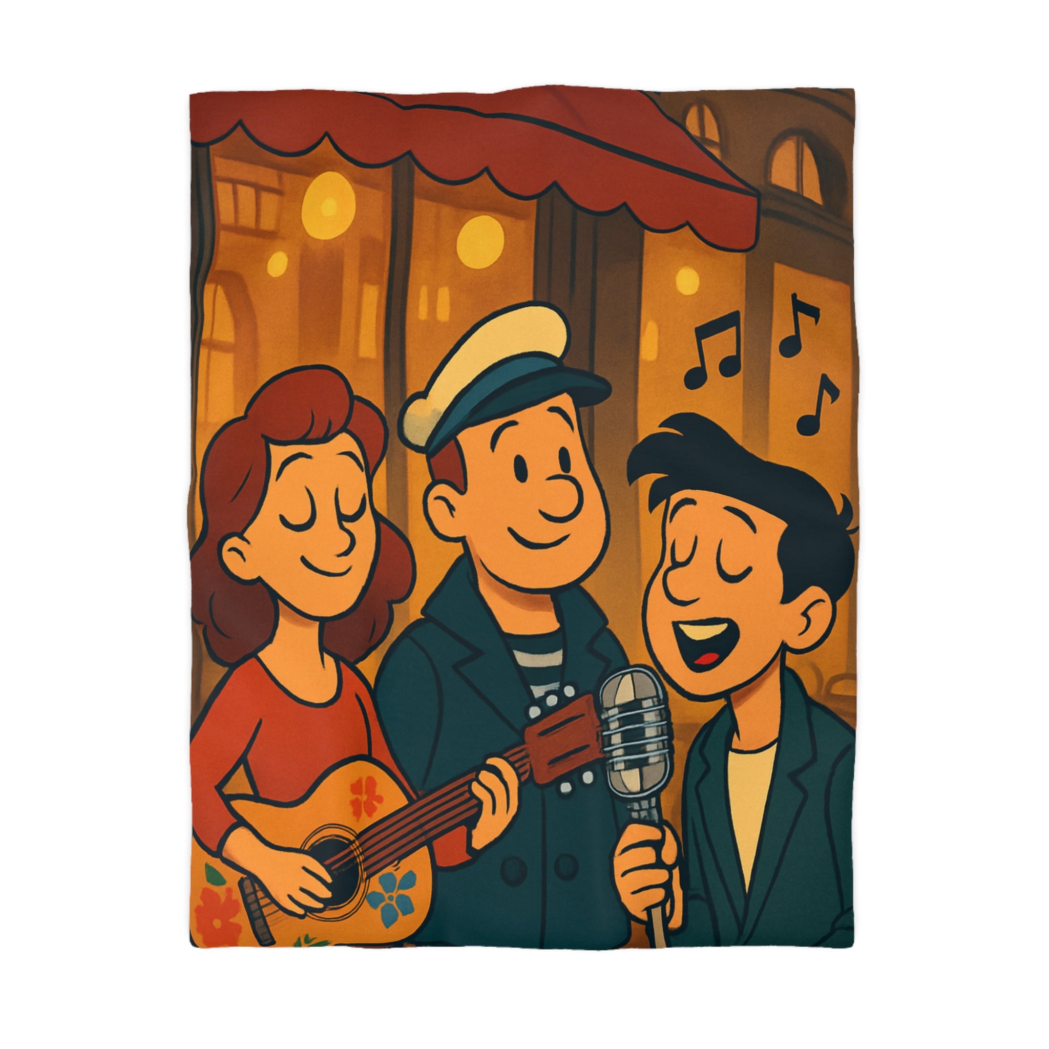 Housse de Couette Vintage avec Scène de Musique de Rue Nocturne et Personnages Colorés