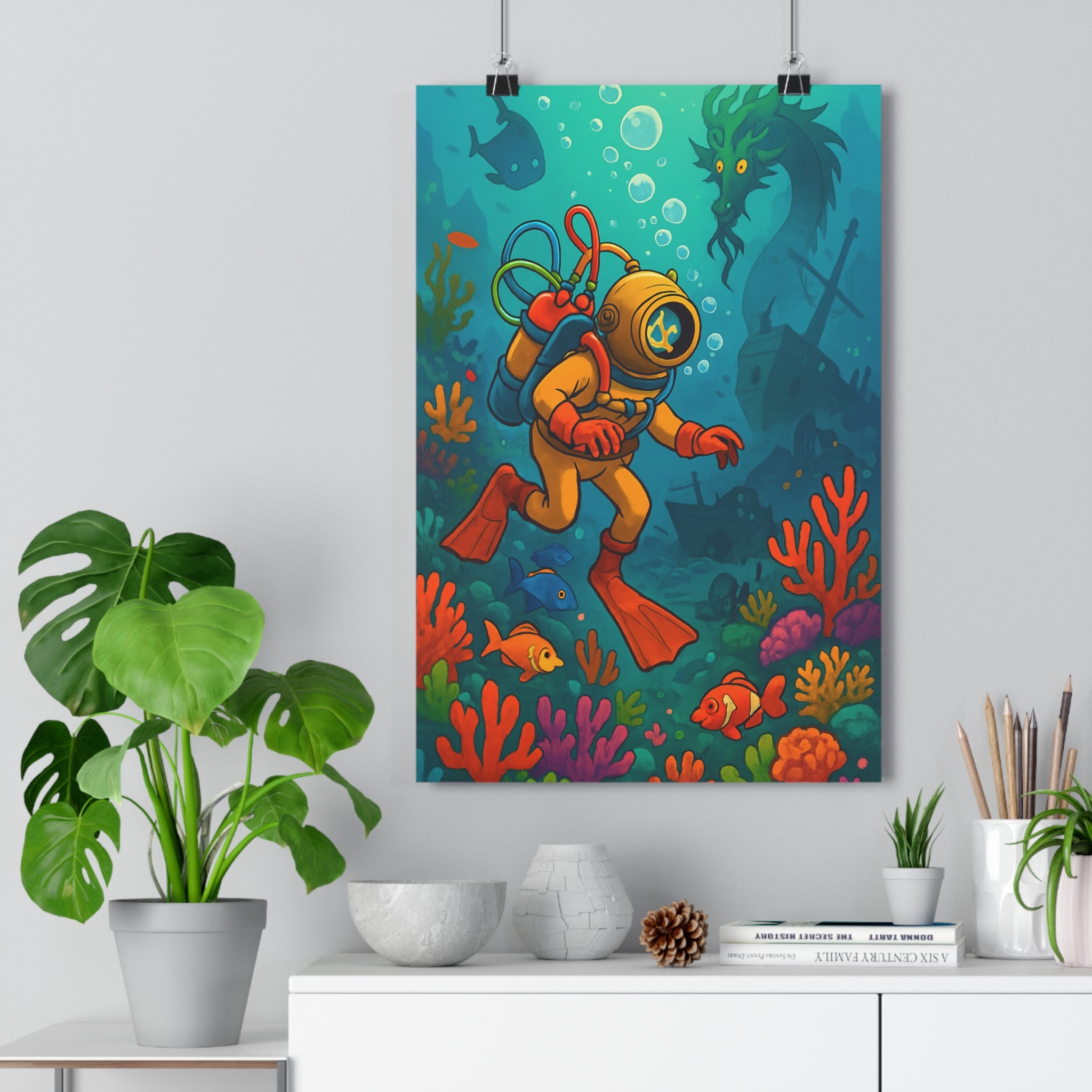 Poster décoratif animé sousmarin coloré mystique aventure enfant chambre poisson corail mer serpent vibrant