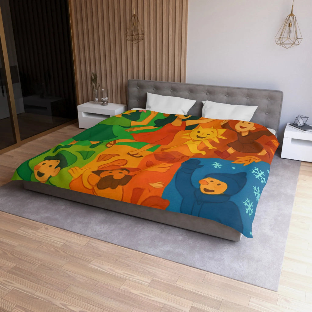 Housse de couette colorée illustrant les quatre saisons avec personnages joyeux et motifs vibrants