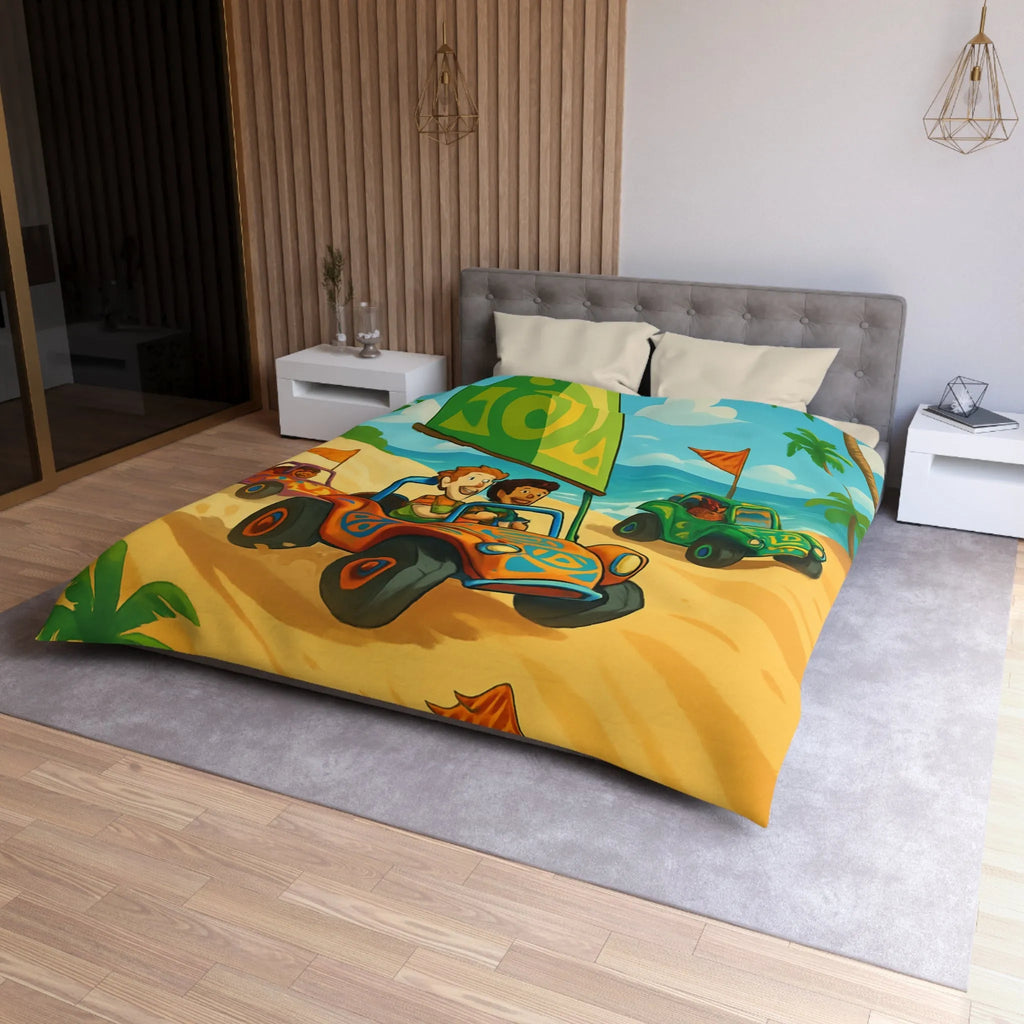 Housse de couette colorée avec motif voitures de plage et palmiers tropicaux