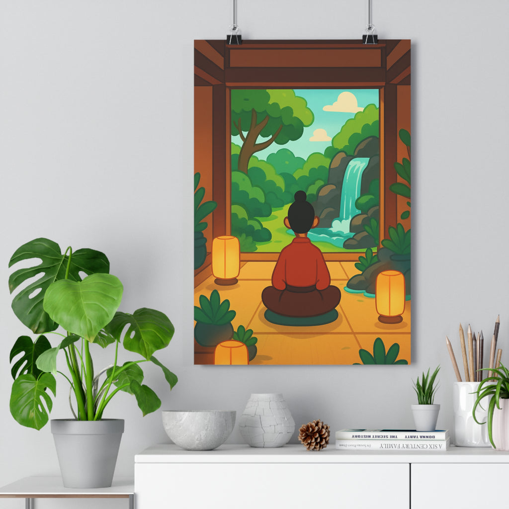 Poster décoratif méditation zen nature cascade animé paysage vert apaisant chambre salon bureau élégant