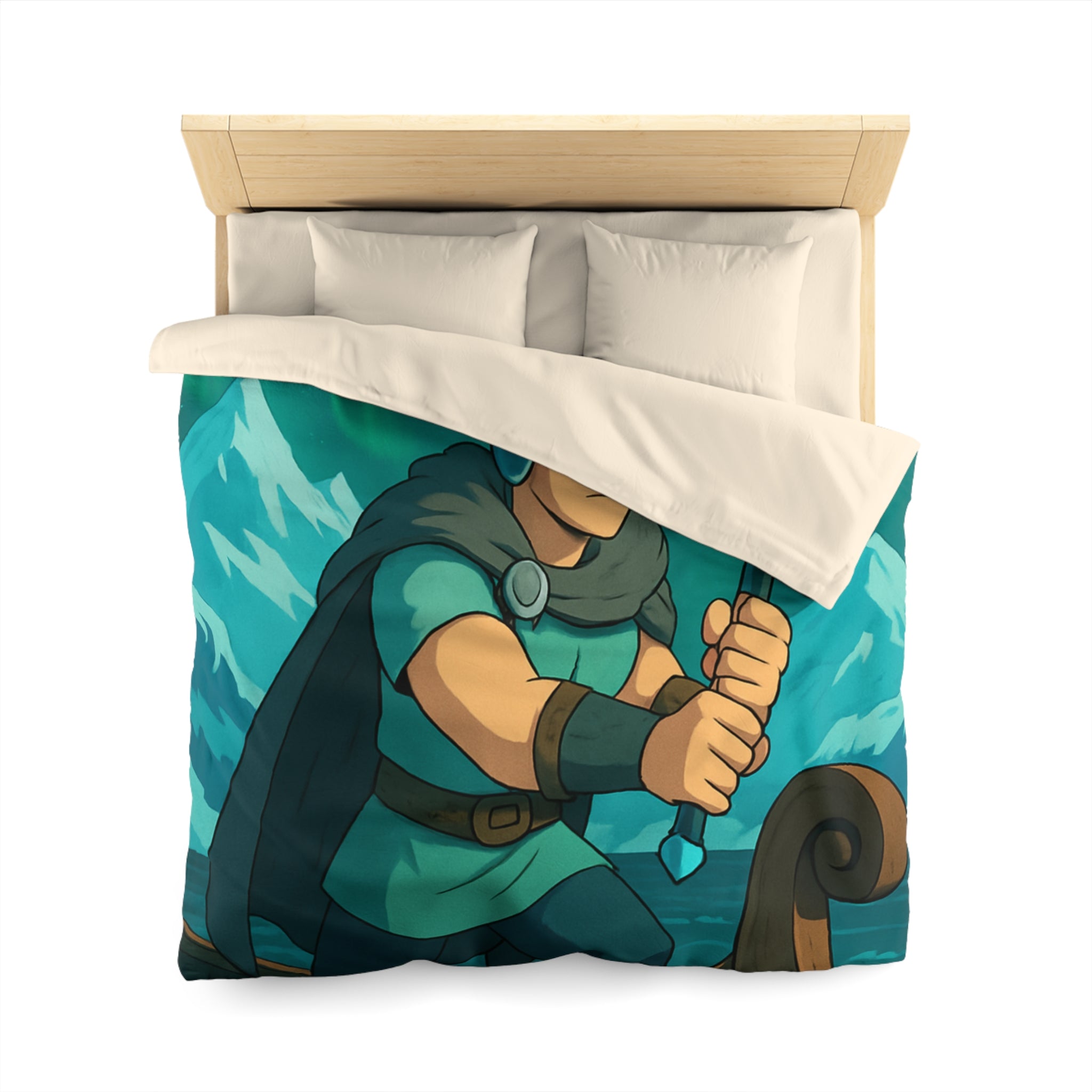 Housse de couette viking avec aurore boréale, bateau en bois et montagnes enneigées