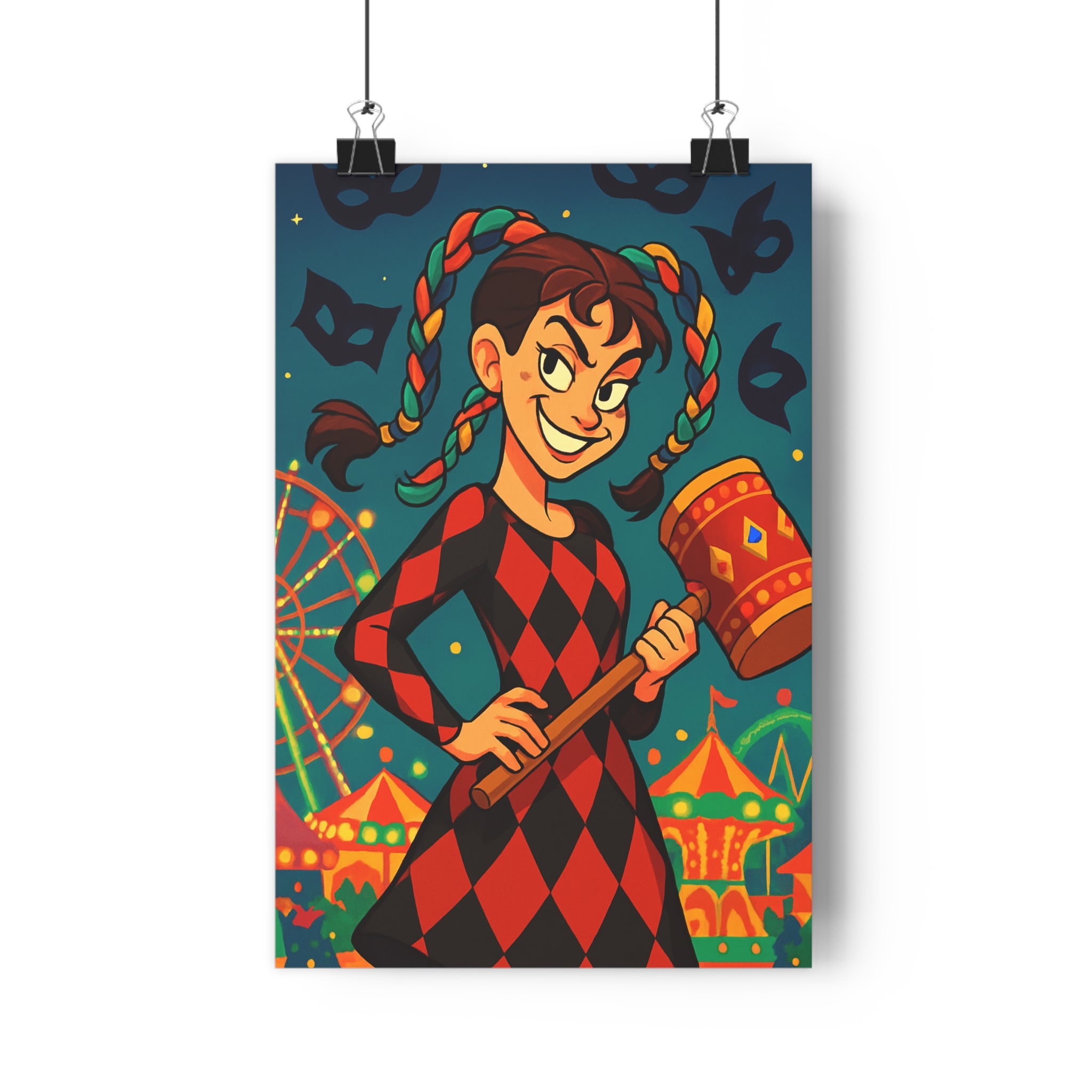 Poster décoratif cartoon rouge noir joyeux chambre salon art femme malicieuse fête tressée étoiles