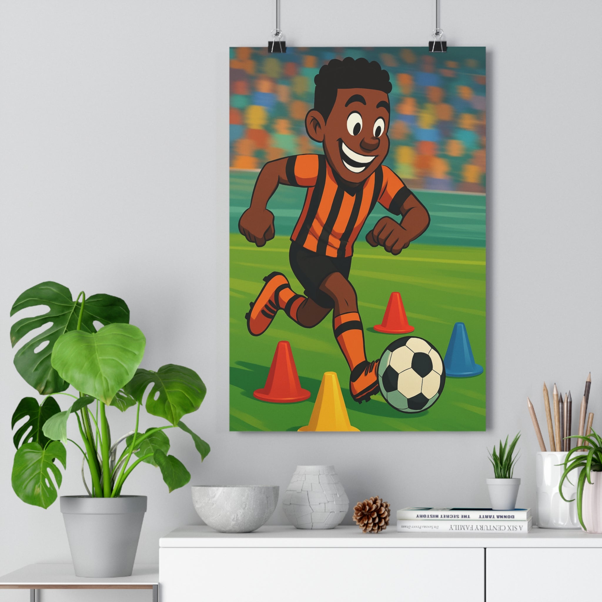 Poster décoratif football dynamique orange noir cartoon sportif joyeux chambre enfant salon qualité premium