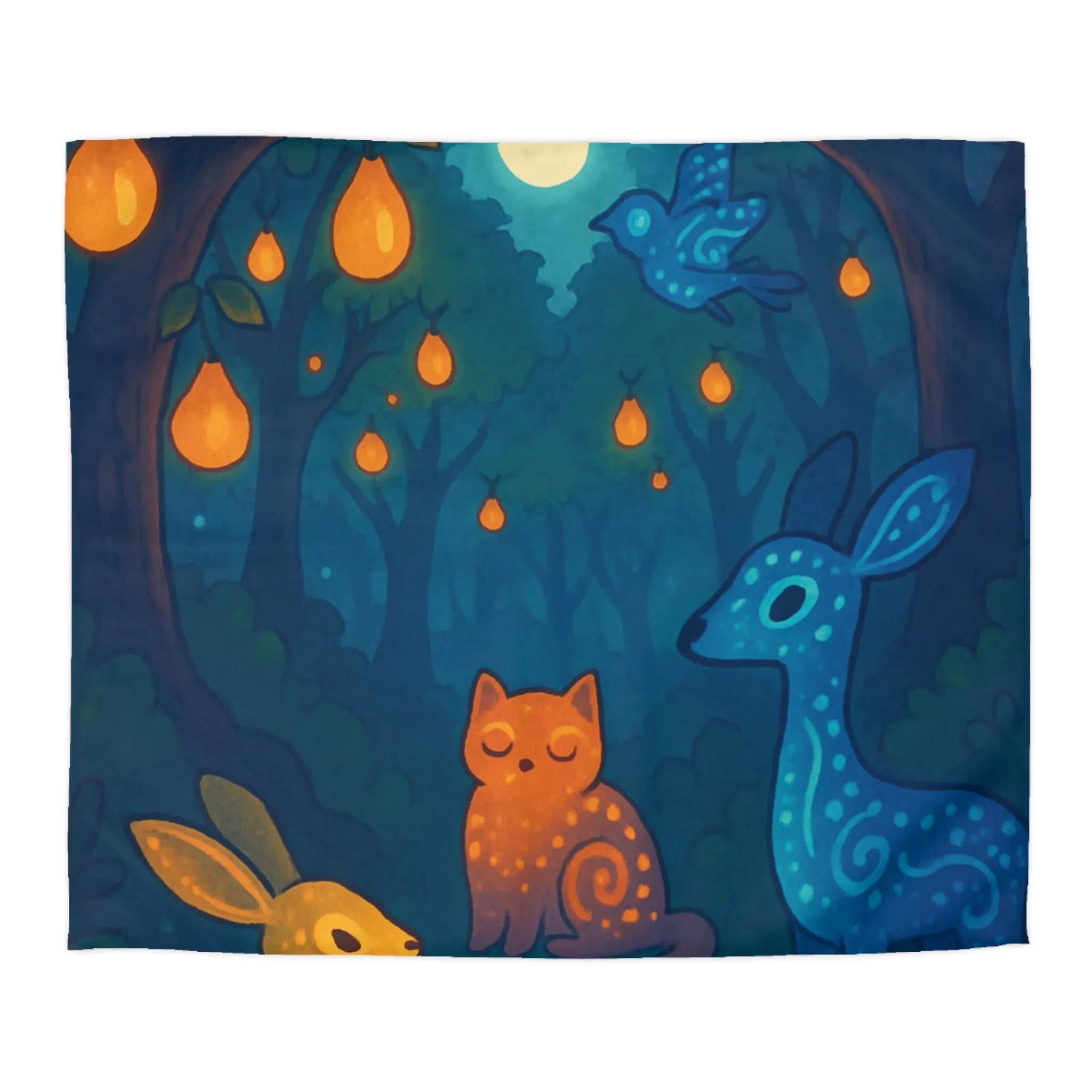 Housse de couette féerique avec animaux et forêt illuminée de lanternes magiques