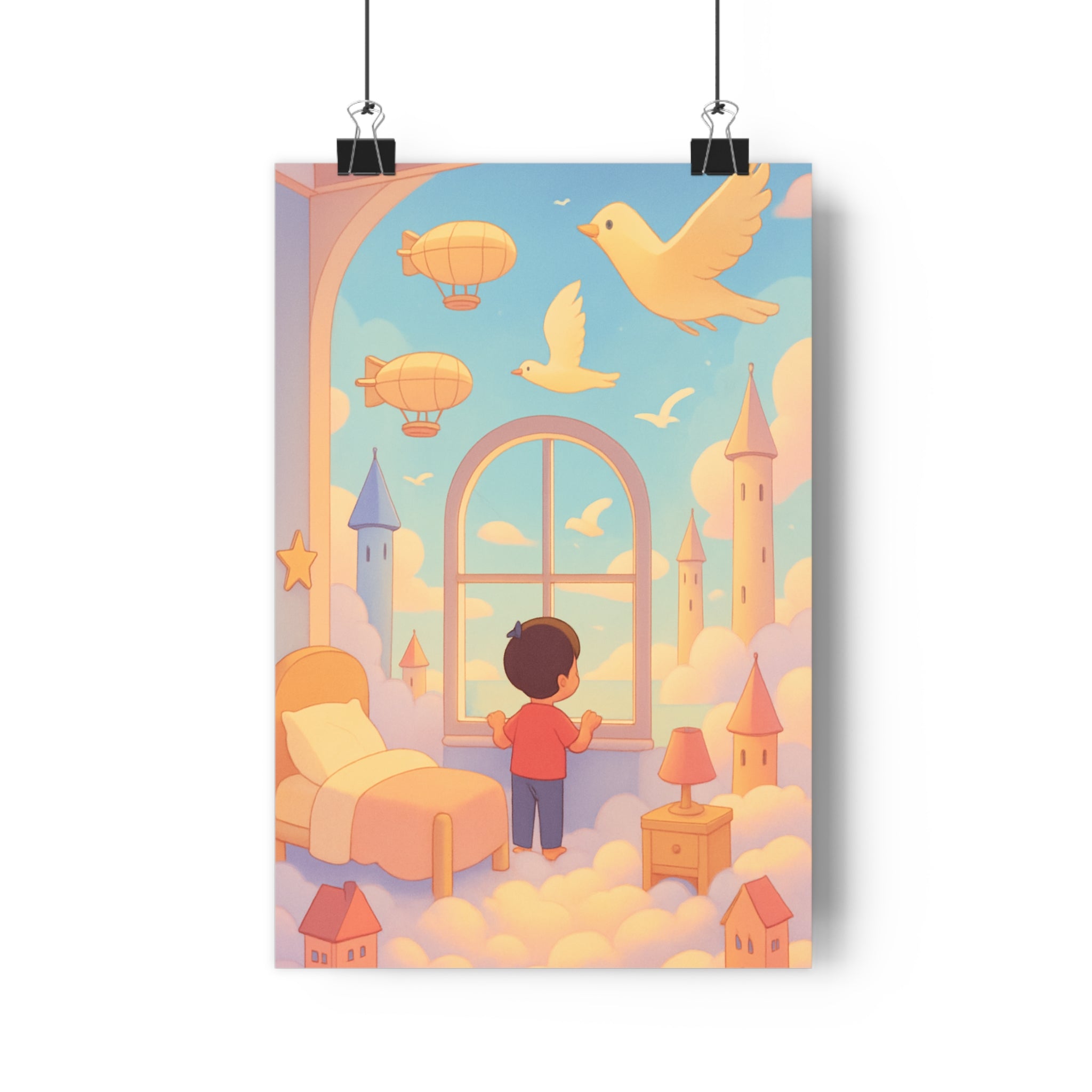 Poster décoratif bleu pastel fantastique magique chambre enfant ciel nuages oiseaux dirigeables rêveur mural
