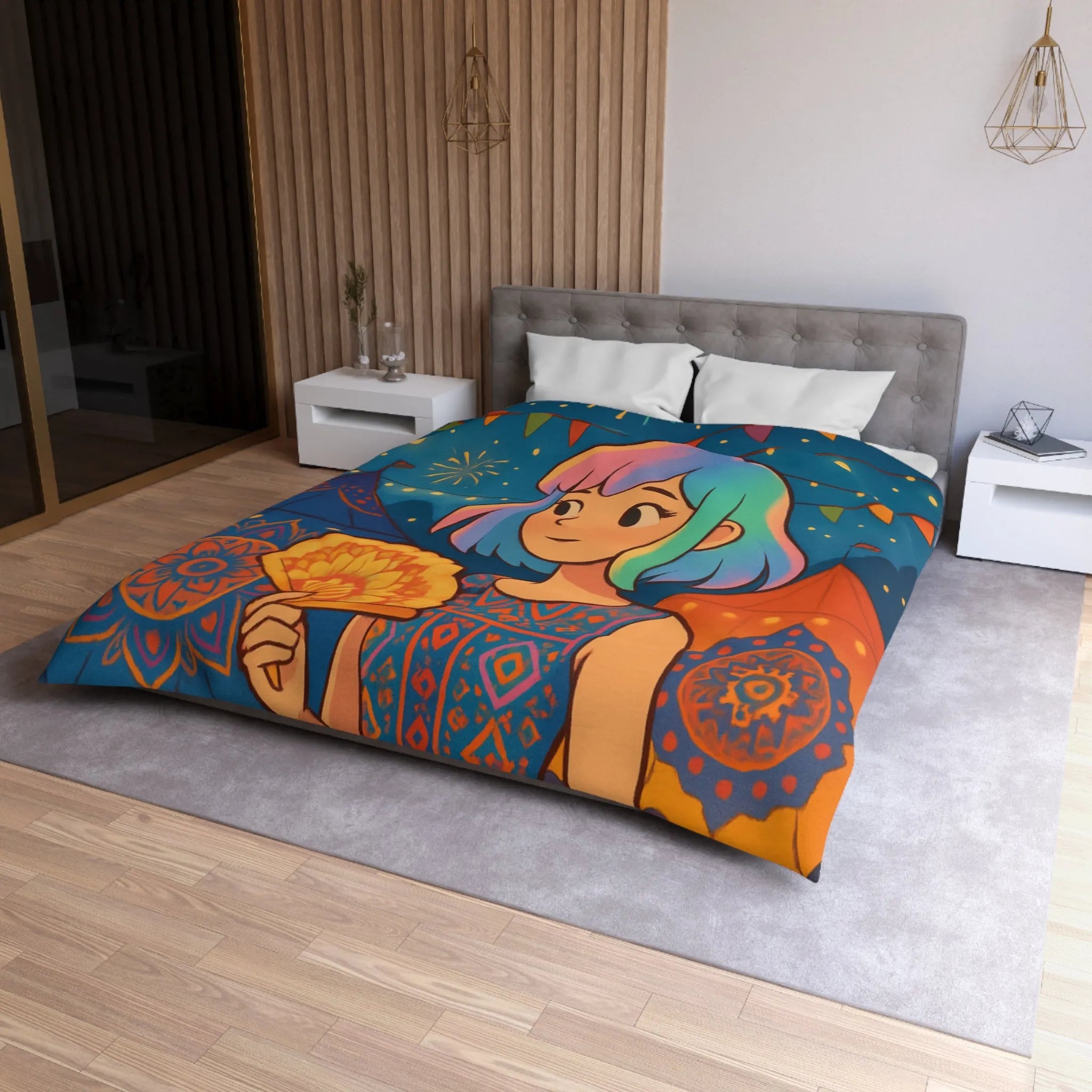 Housse de couette colorée avec motif de festival et feux d'artifice captivants