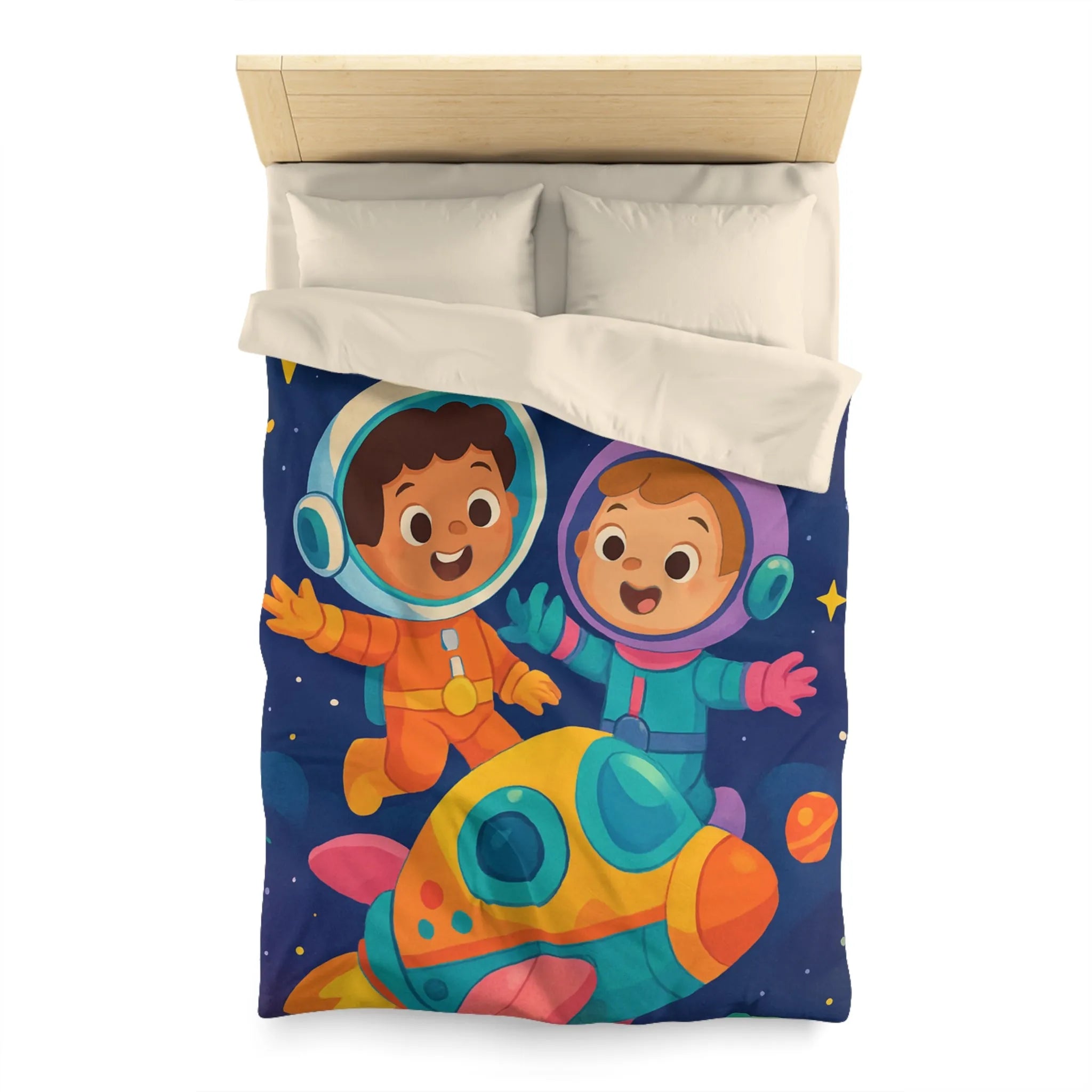 Couette Enfantine Cosmos : Enfants en Vaisseau Spatial avec Planètes et Étoiles Colorées