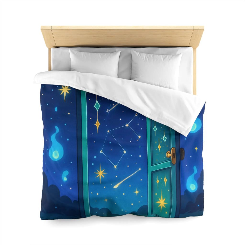 Housse de couette magique avec porte ouverte sur ciel étoilé bleu et constellations