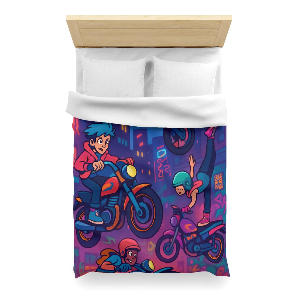 Housse de couette illustrée acrobaties moto urbaines néon dynamique style bande dessinée vibrante