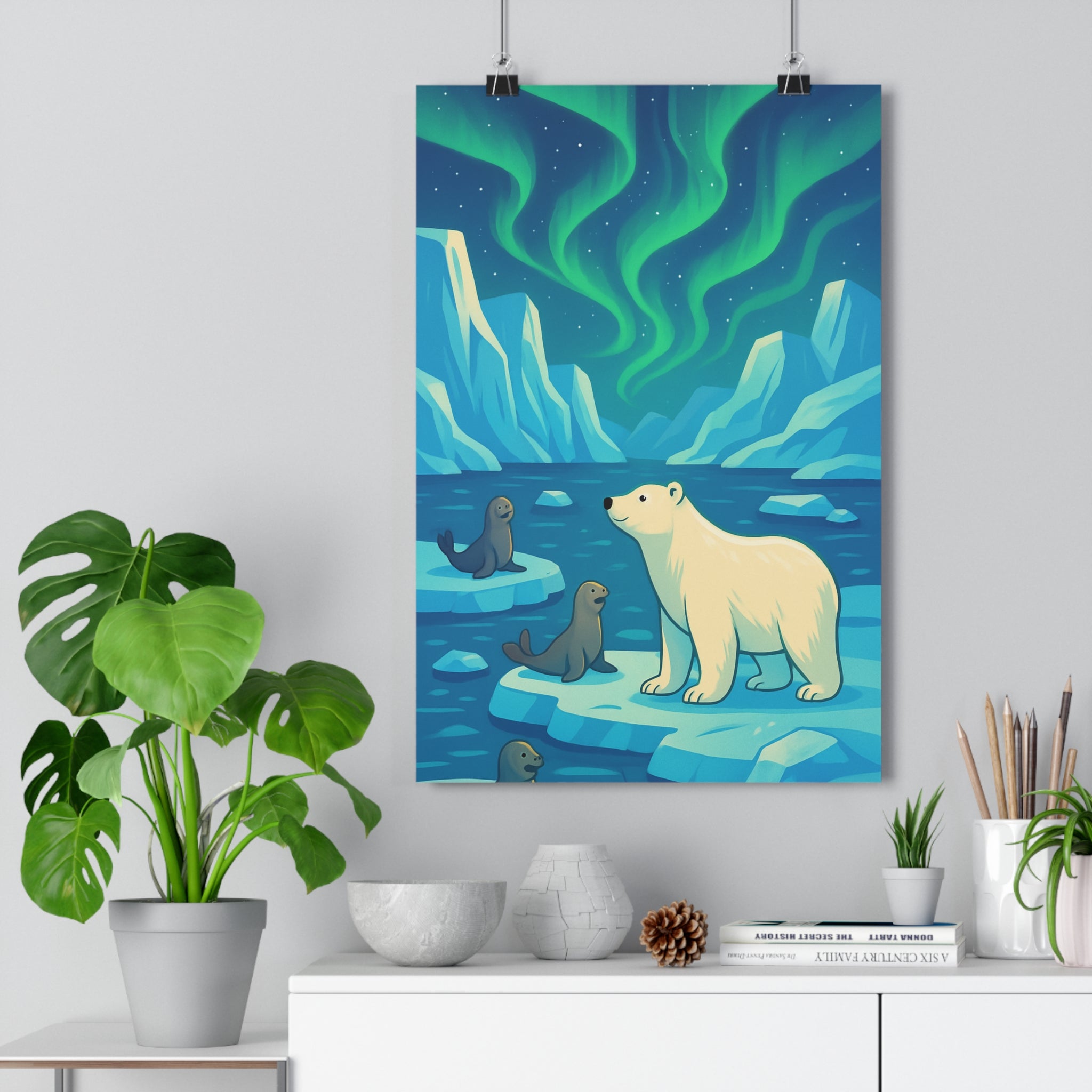 Poster décoratif polaire ours glace bleu vert mystique nature murale chambre ambiance captivante qualité