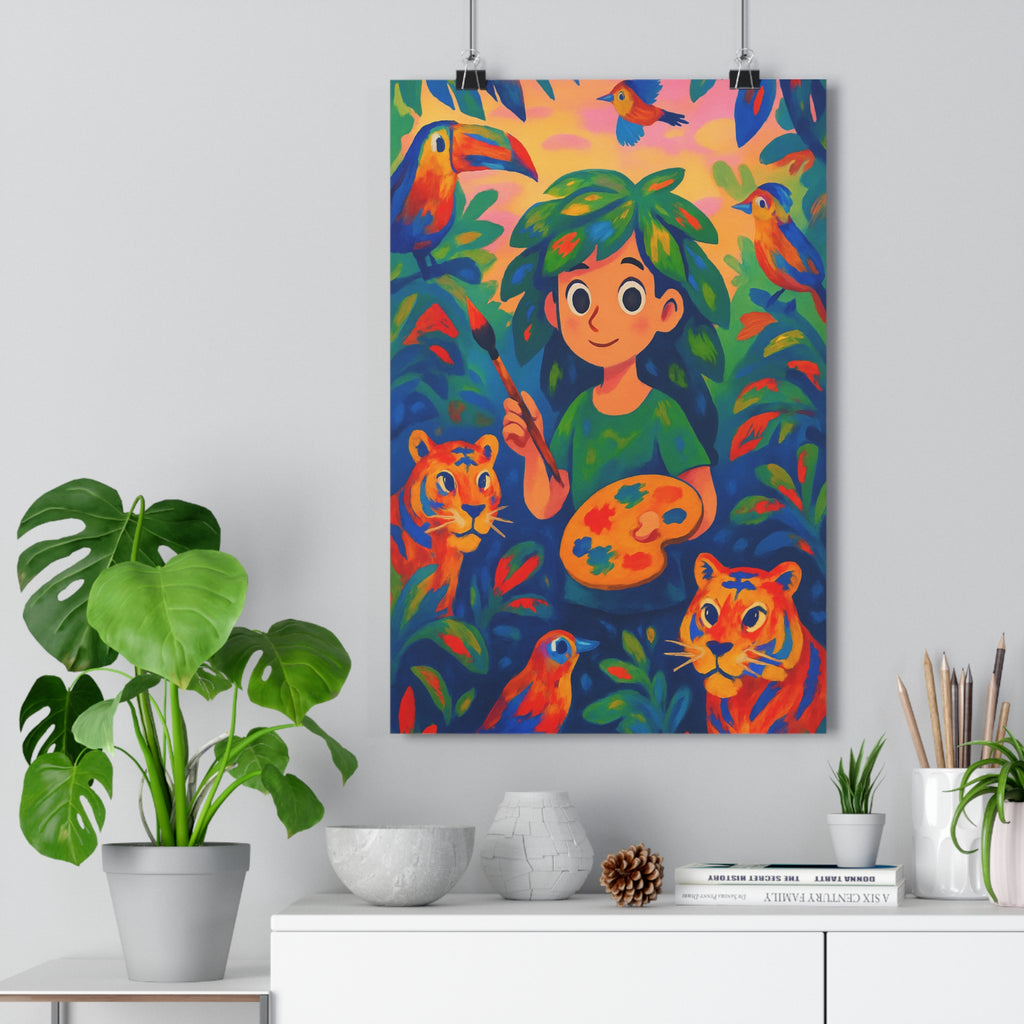 Poster décoratif jungle cartoon vibrant bleu orange vert salon chambre enfant art mural qualité