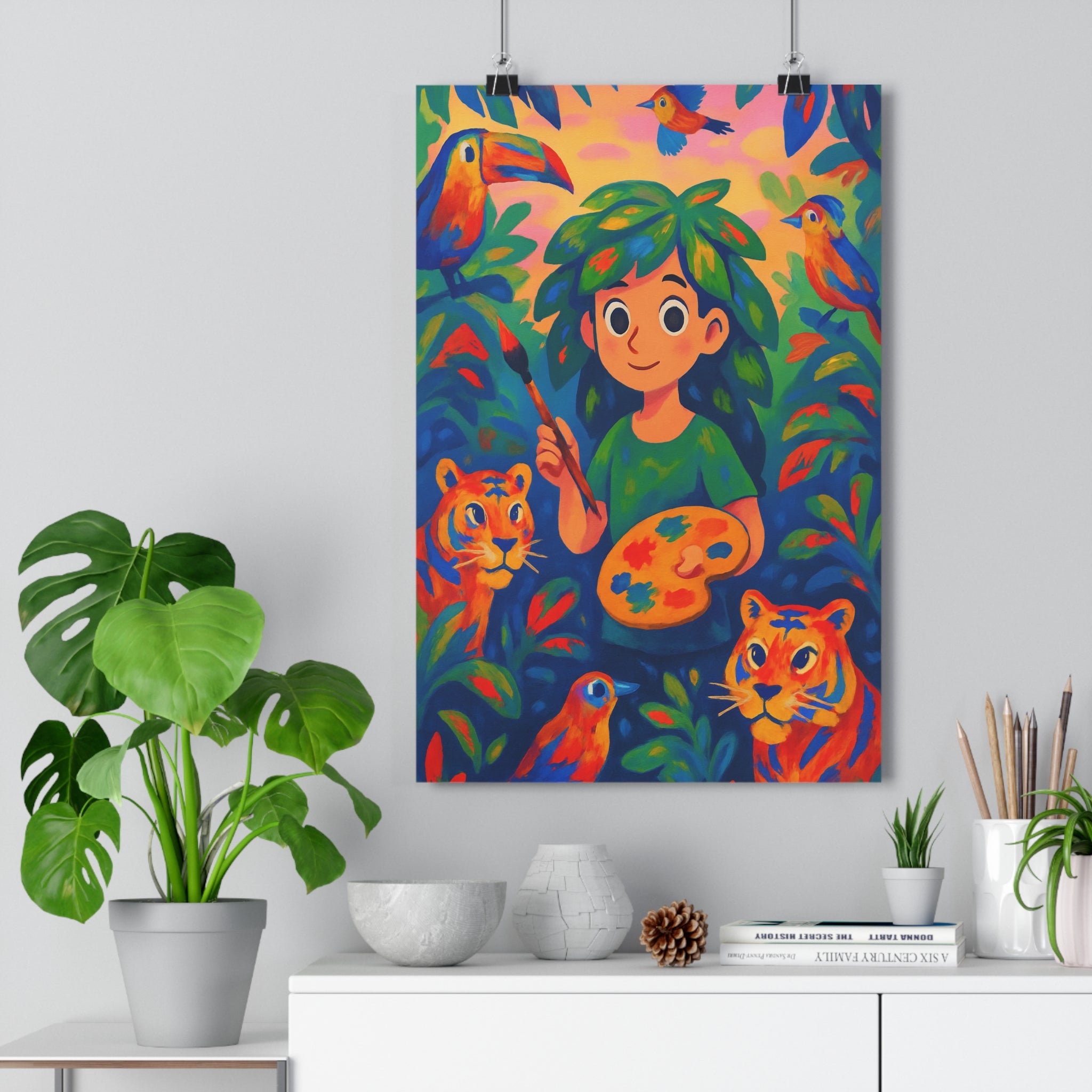 Poster décoratif jungle cartoon vibrant bleu orange vert salon chambre enfant art mural qualité