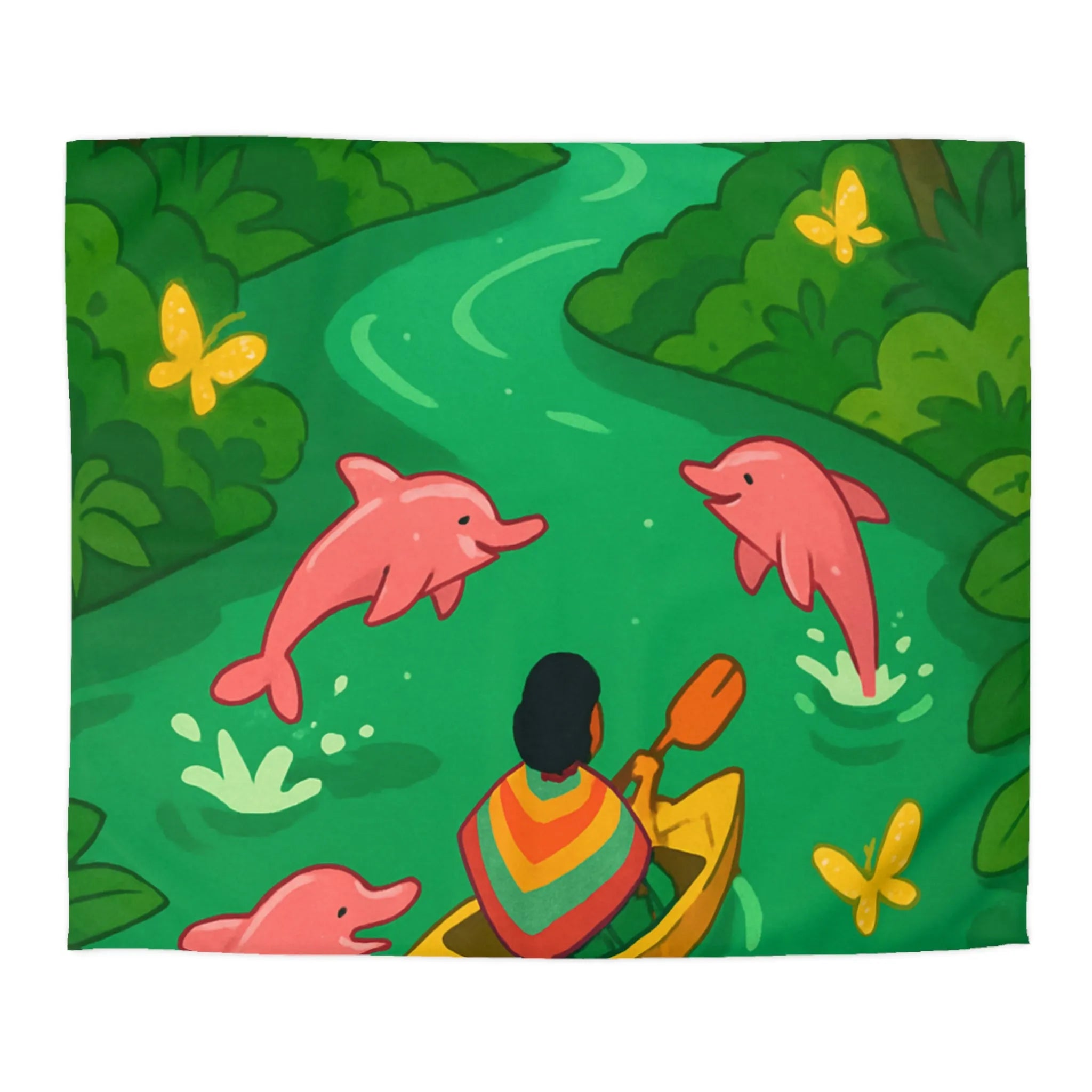 Housse de couette colorée avec dauphins roses et canoë dans une forêt tropicale