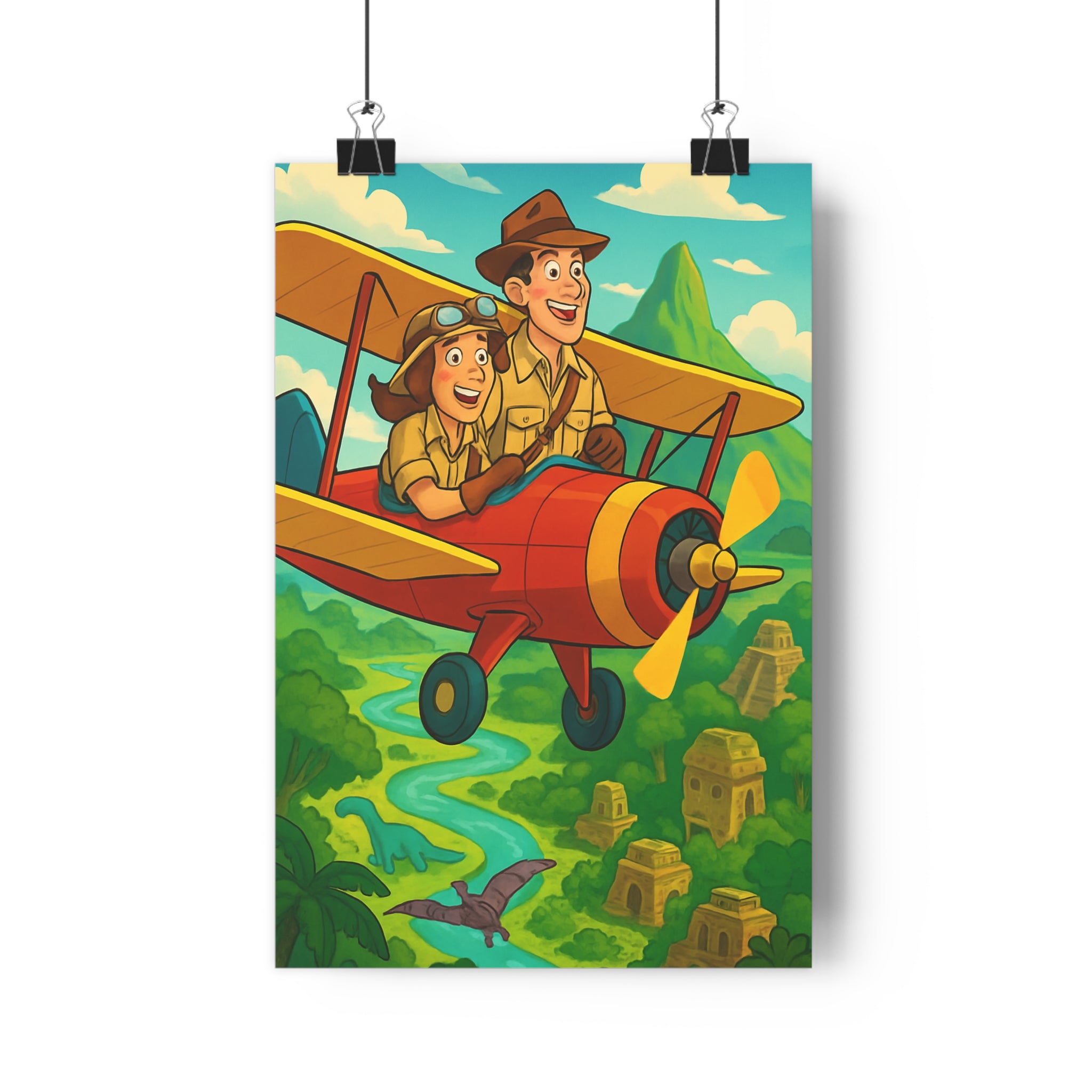 Poster décoratif aventure cartoon rouge bleu chambre enfant joyeux vibrant jungle exploration exotique vintage
