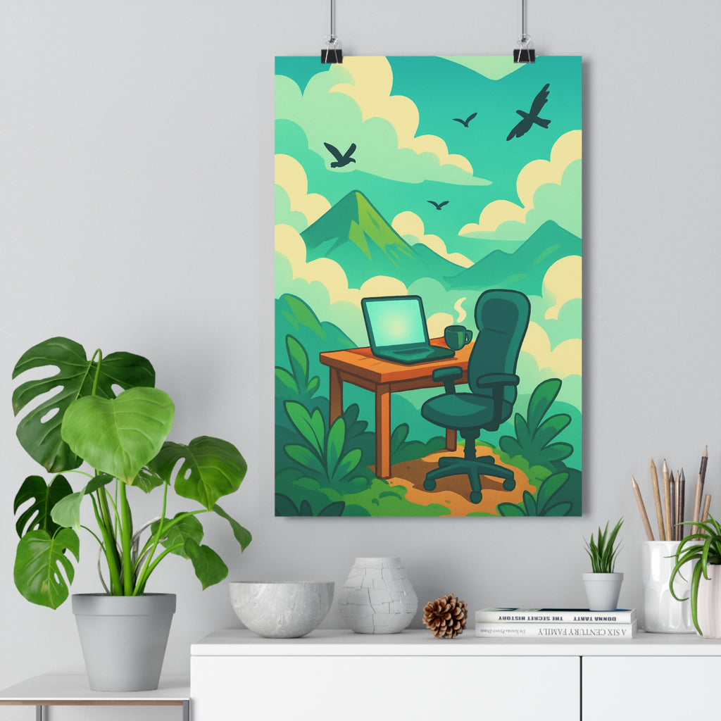 Poster décoratif dessin animé pastel nature bureau apaisant vert calme paysage montagne oiseaux qualité