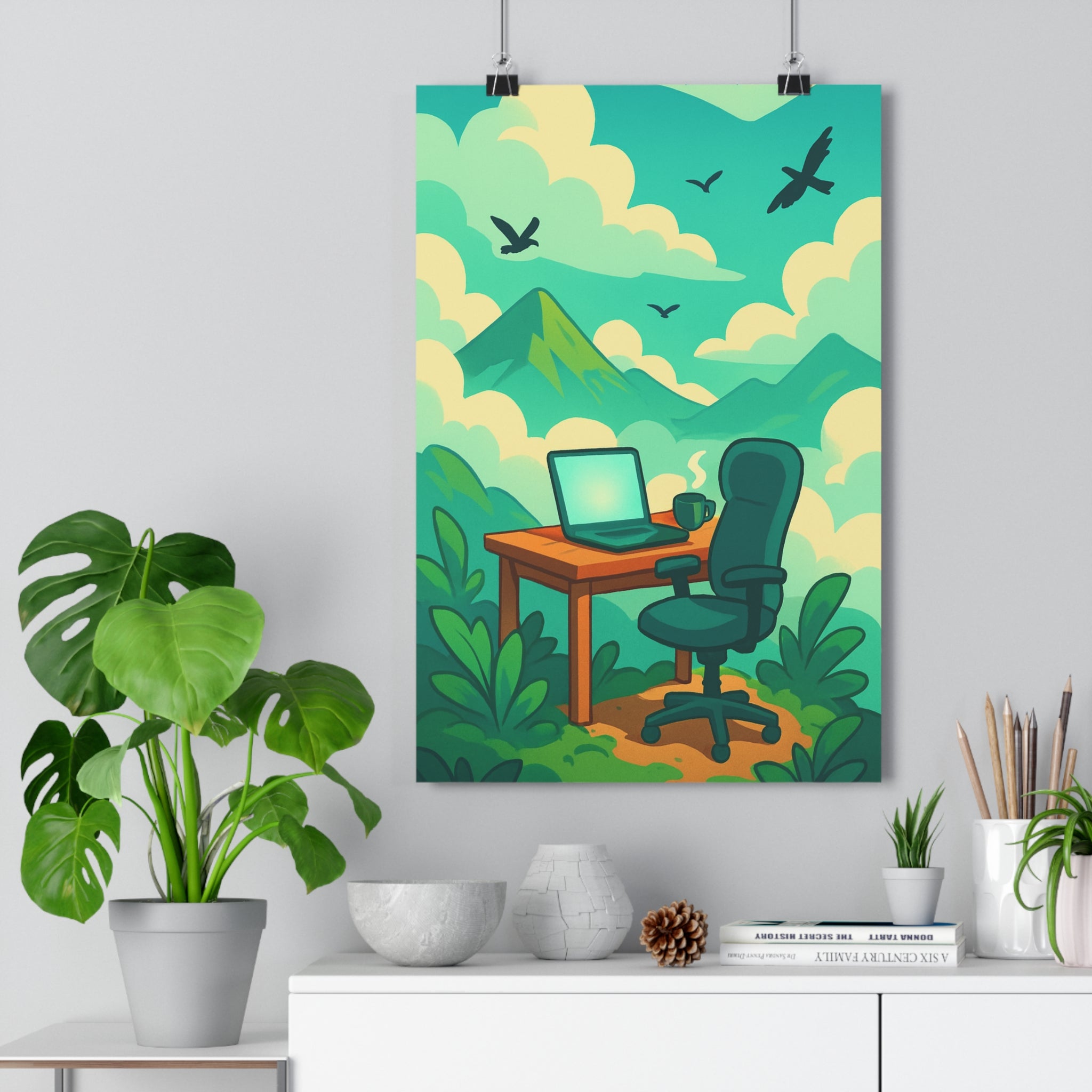 Poster décoratif dessin animé pastel nature bureau apaisant vert calme paysage montagne oiseaux qualité