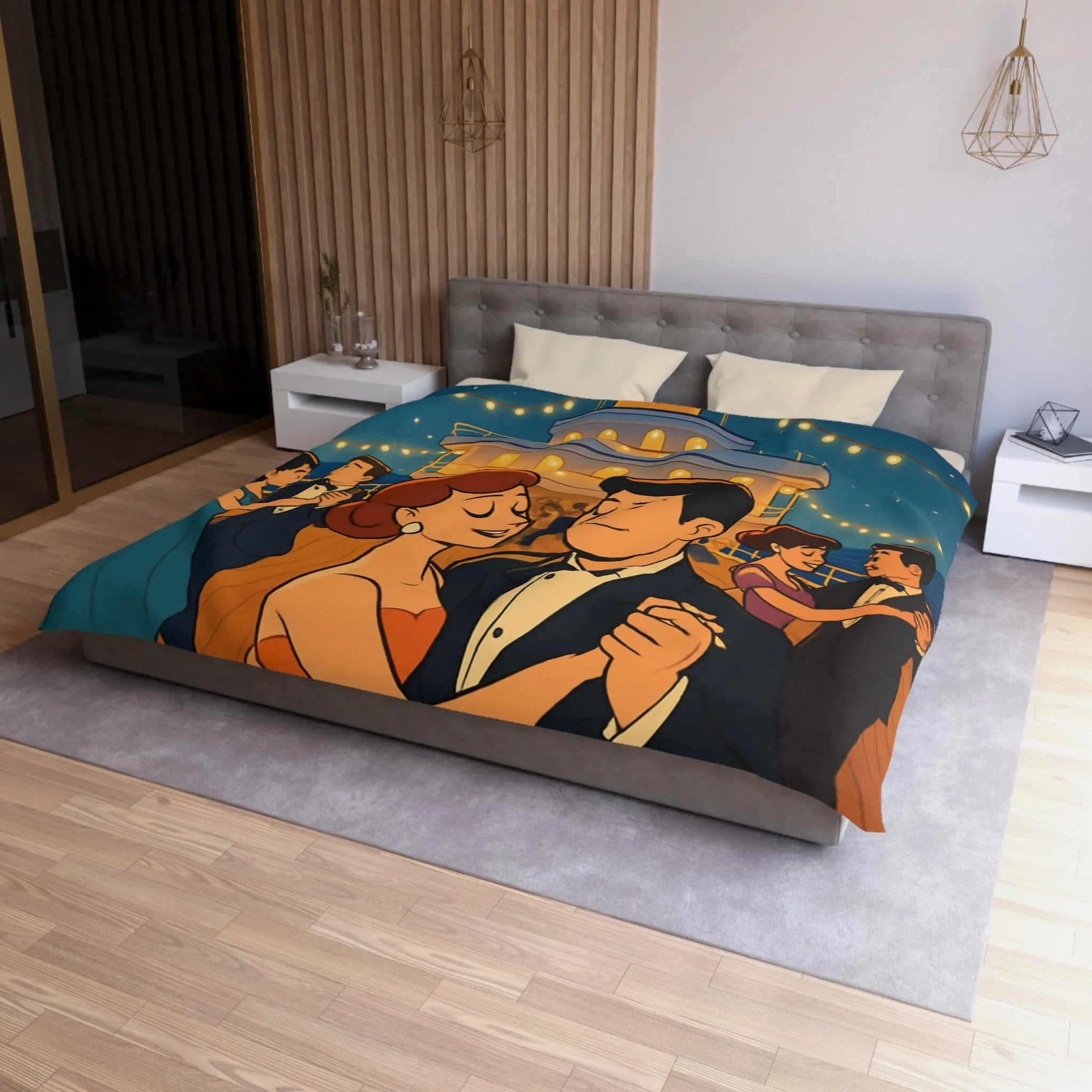 Housse de couette élégante avec danse romantique rétro sur un pont de navire