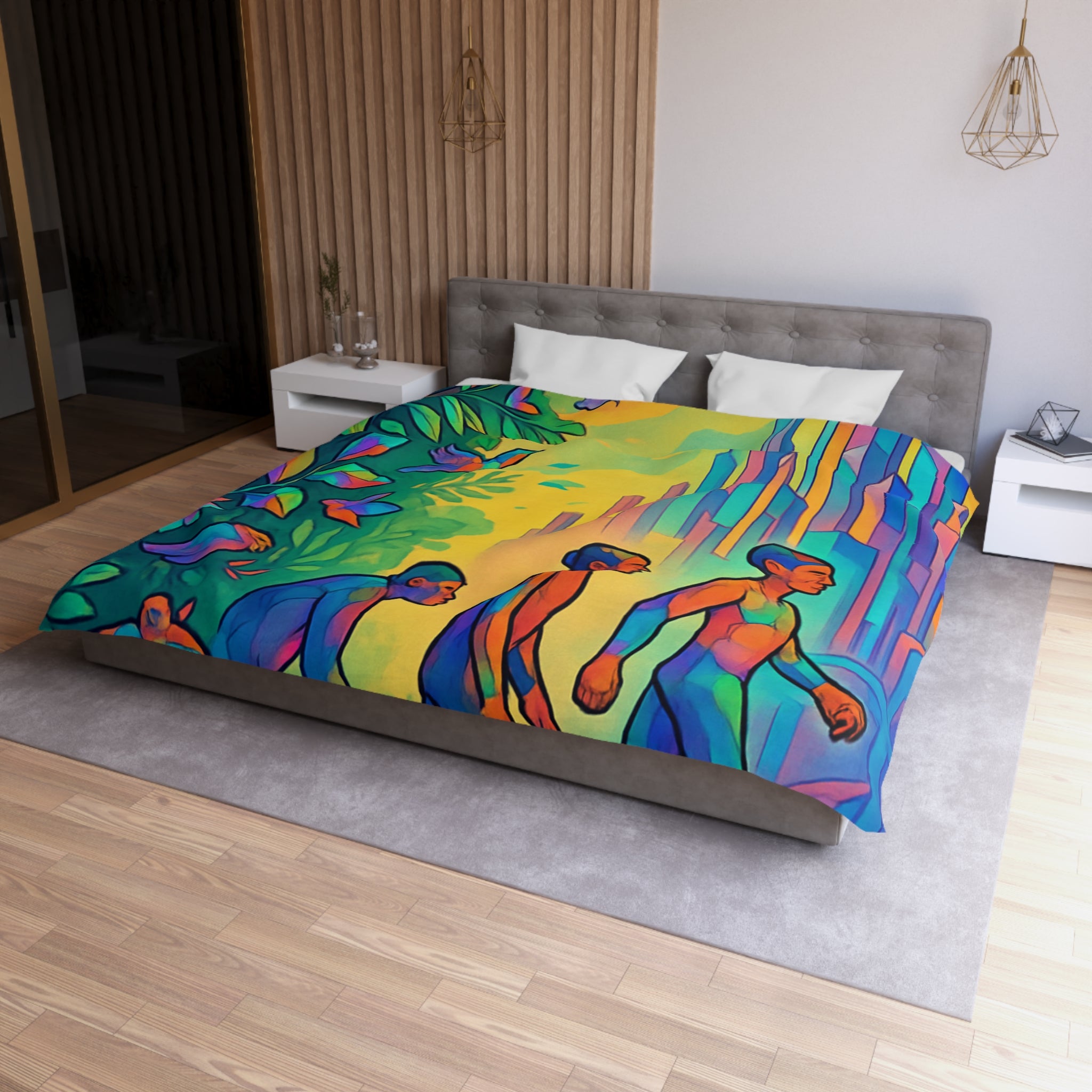 Housse de couette vibrante d'évolution humaine sur fond de jungle et de gratte-ciel