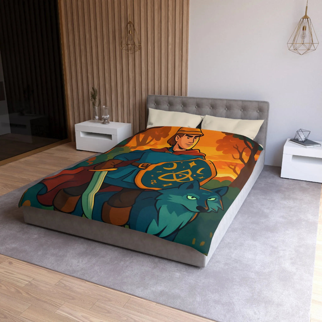 Housse de couette fantastique avec chevalier médiéval et loup dans forêt enchantée vibrante