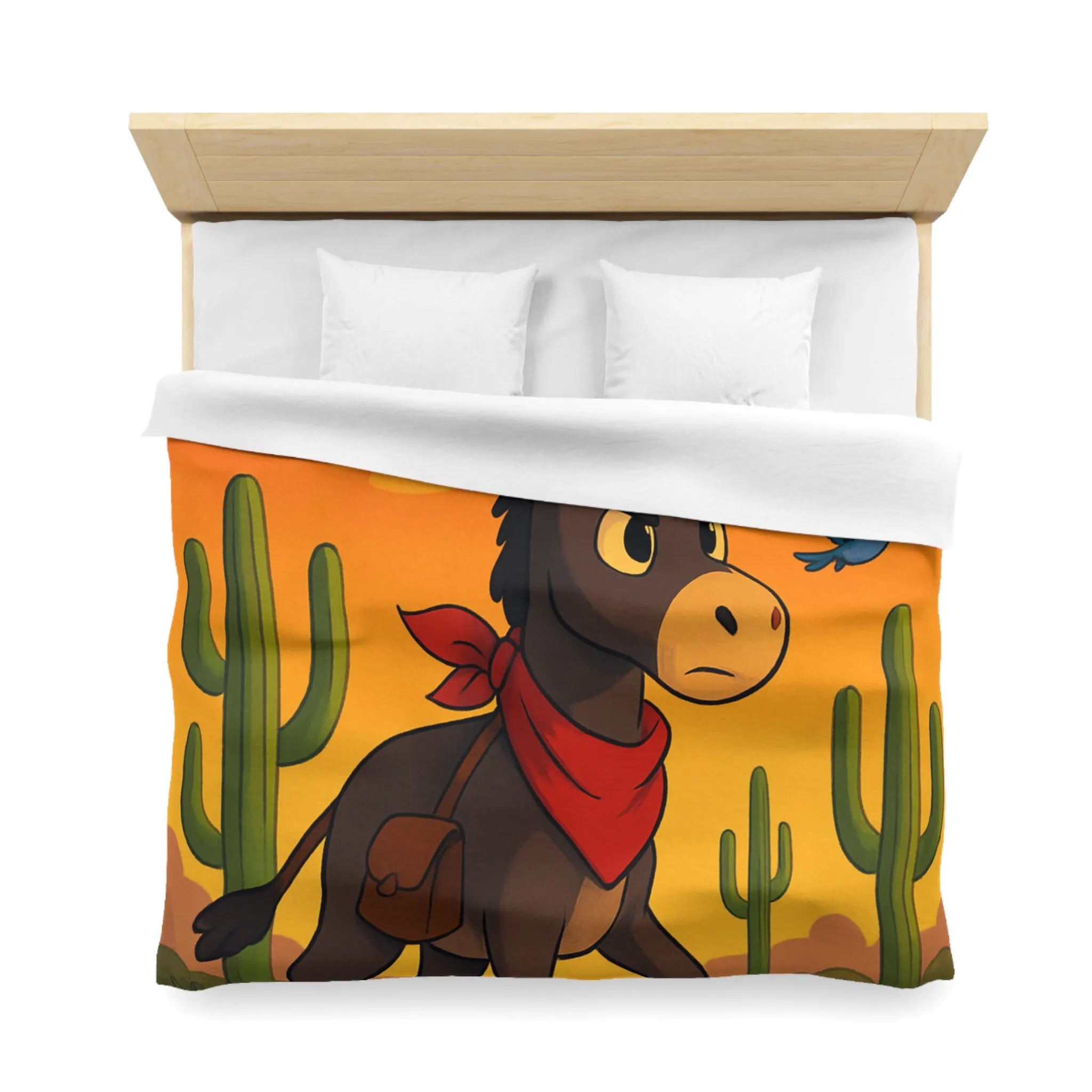 Housse de couette avec âne mignon et oiseaux colorés en désert animé