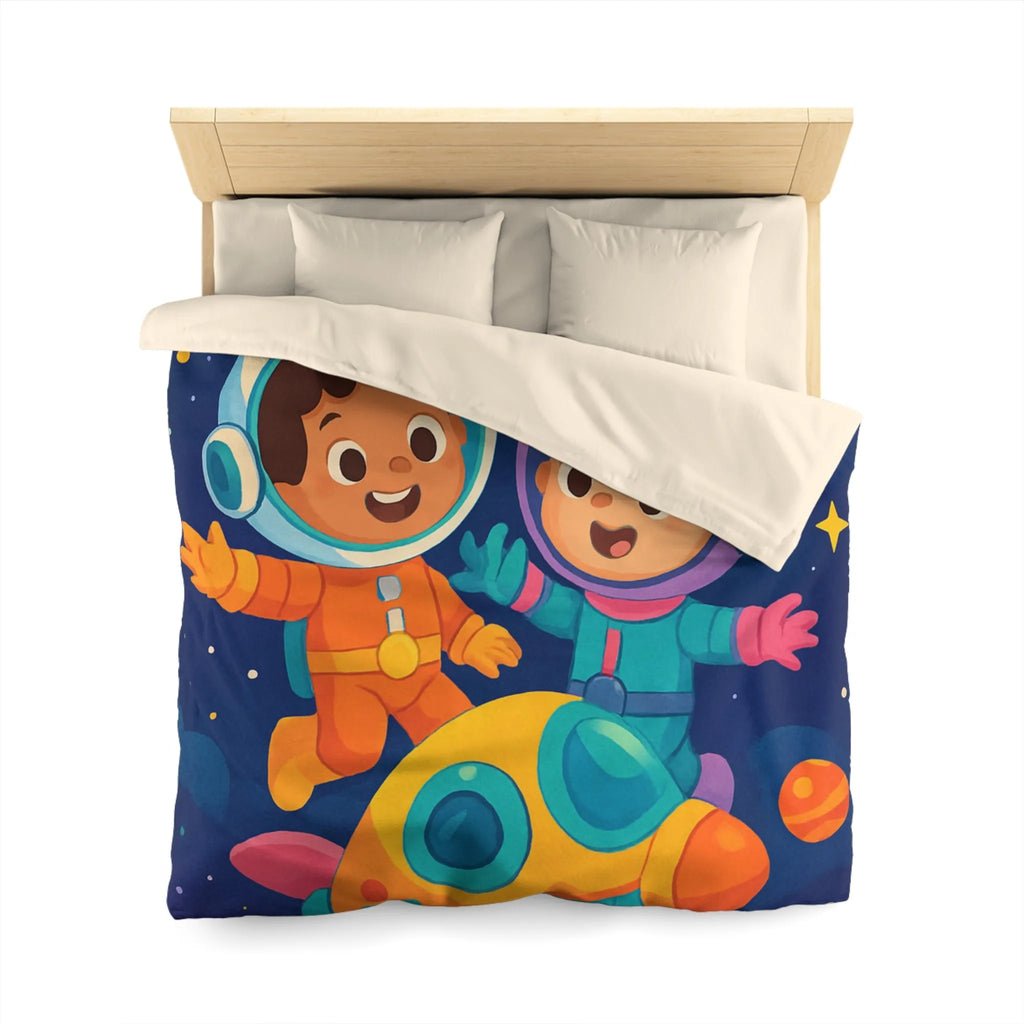 Couette Enfantine Cosmos : Enfants en Vaisseau Spatial avec Planètes et Étoiles Colorées