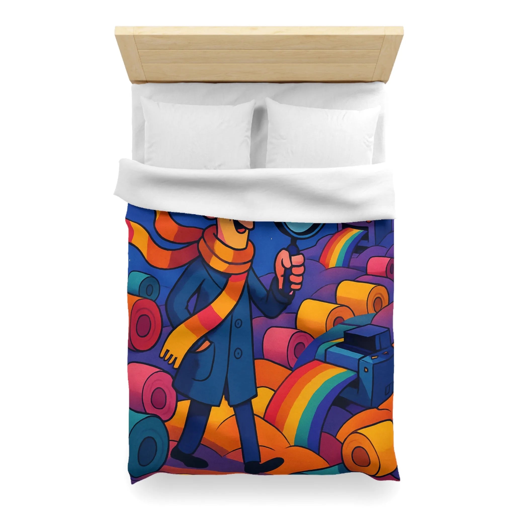 Explorez les couleurs et mystères sur housse de couette lumineuse avec détective fantaisiste