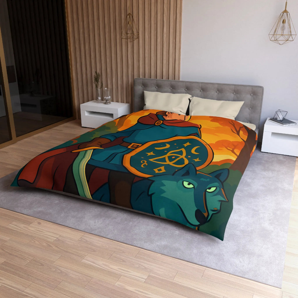 Housse de couette fantastique avec chevalier médiéval et loup dans forêt enchantée vibrante