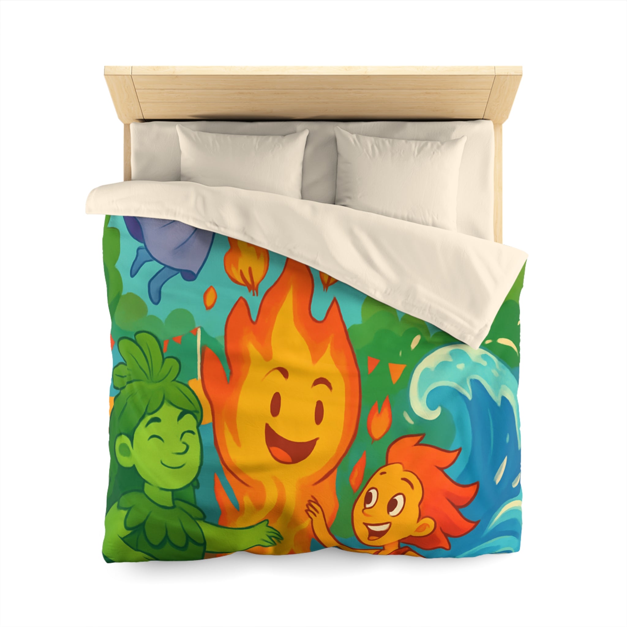 Housse de couette vibrante célébrant les quatre éléments dans un style ludique coloré