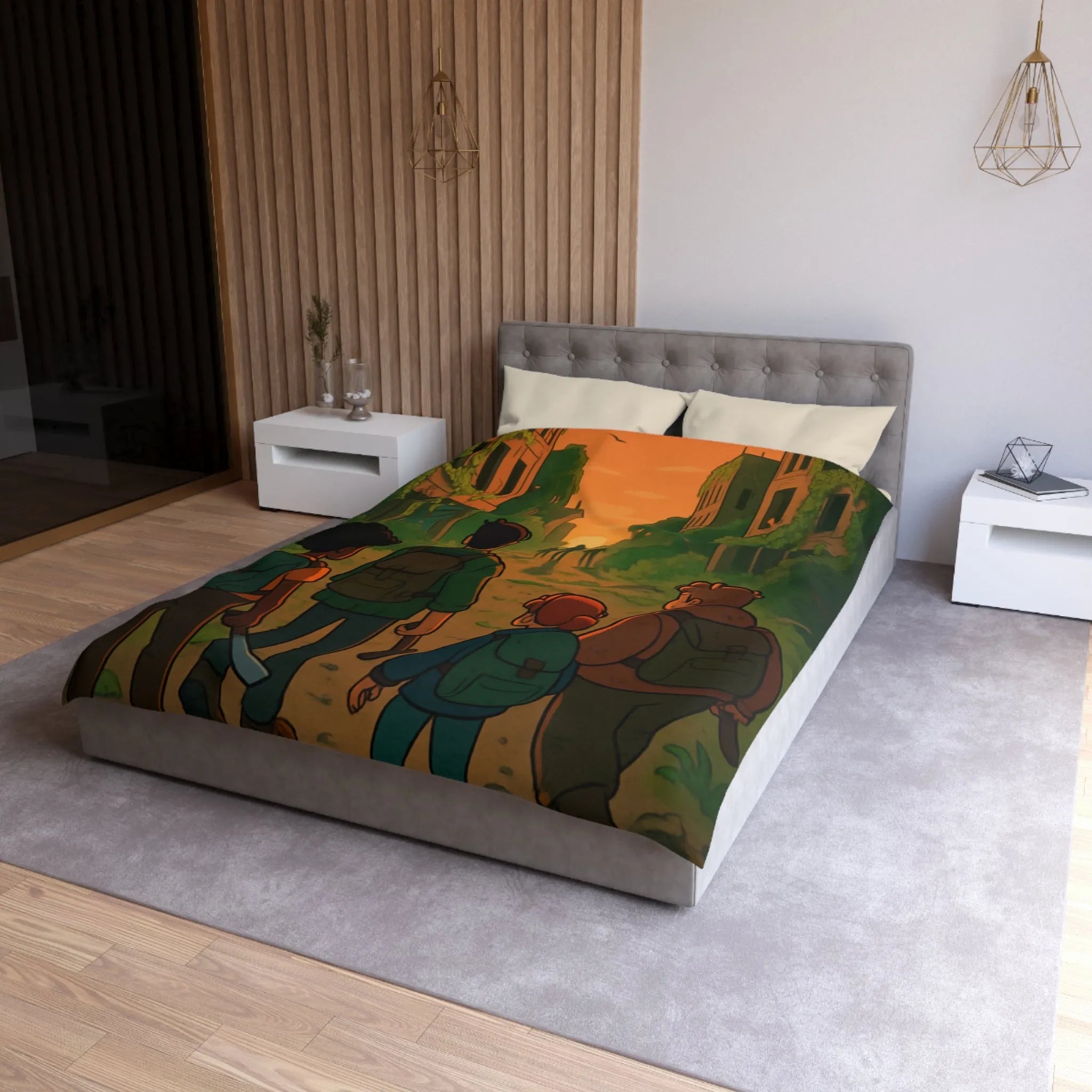 Housse de couette aventure urbaine animée, ambiance apocalyptique au coucher du soleil