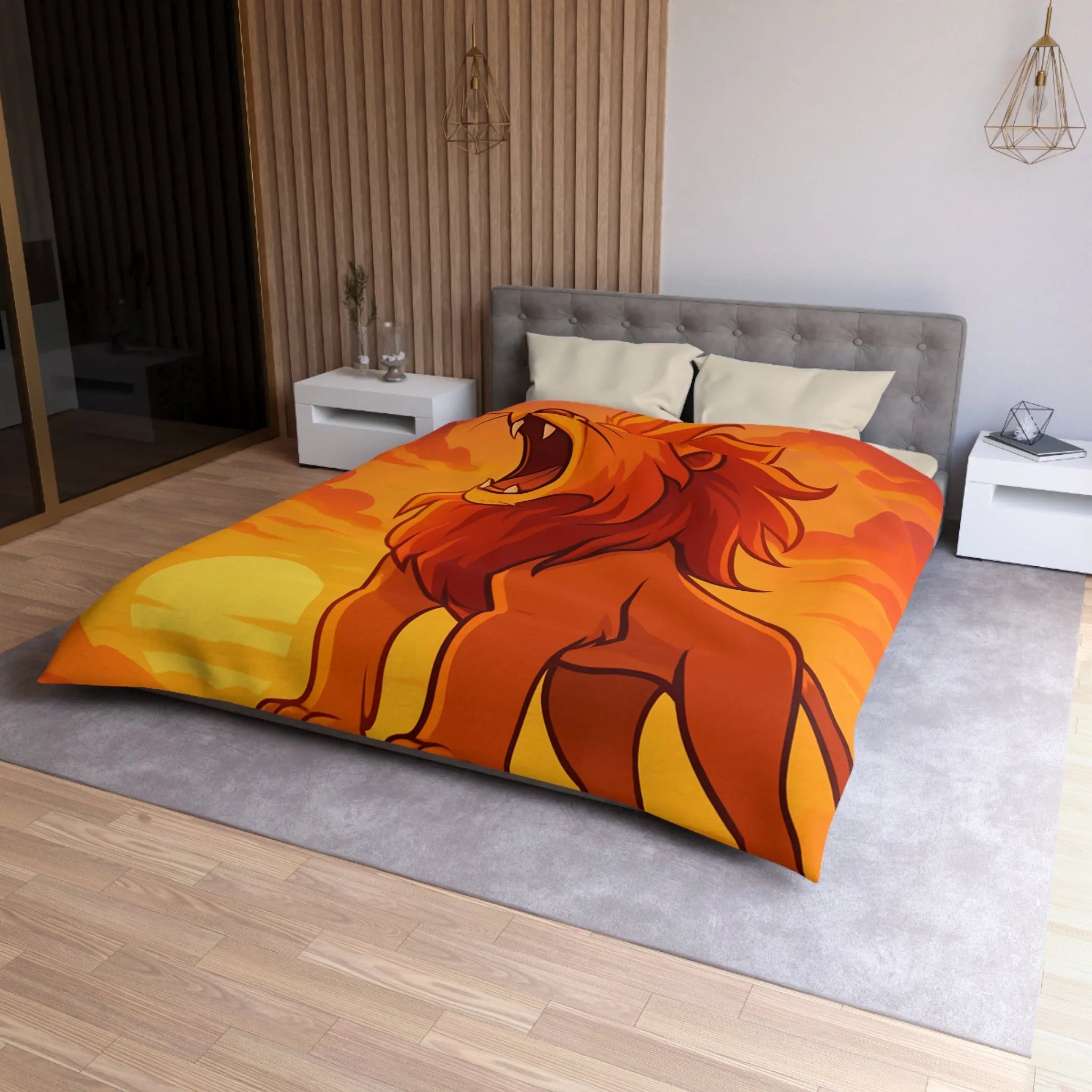 Housse de couette illustrée lion majestueux sur fond de coucher de soleil vibrant