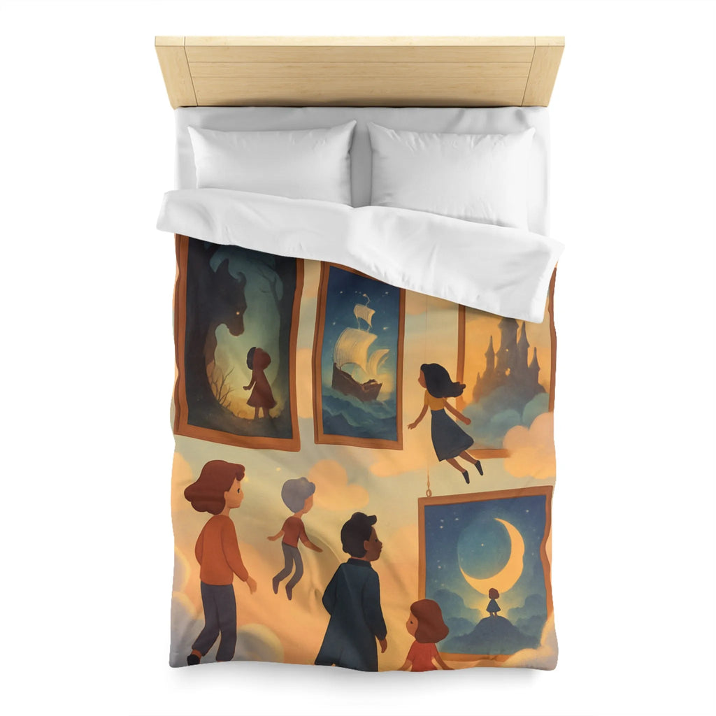 Housse de couette avec enfants volant parmi des tableaux de contes et de rêves